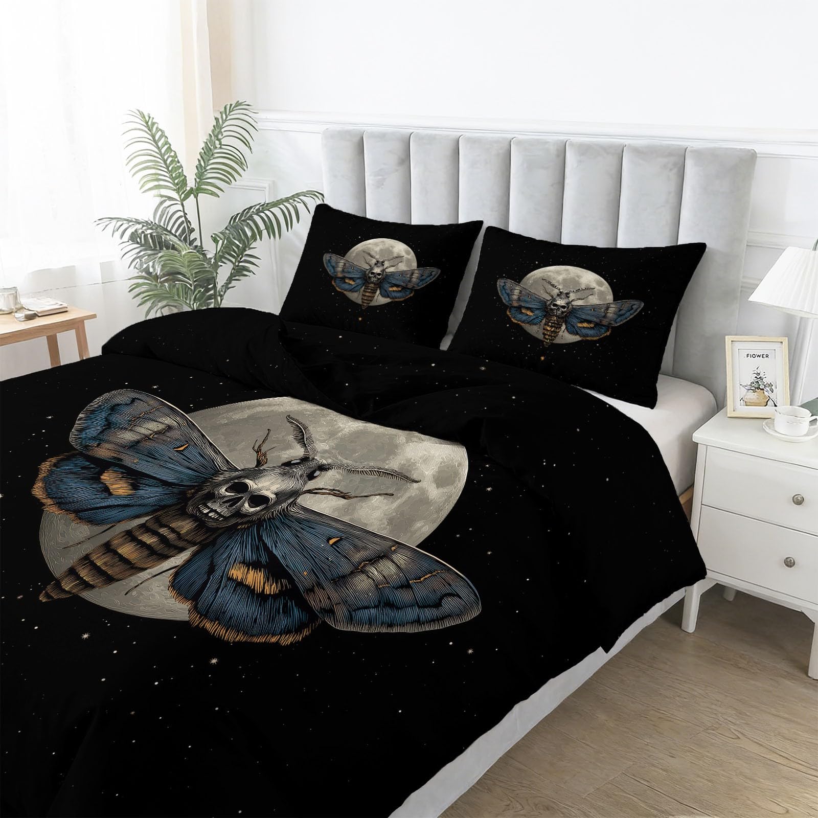 Wysokiej jakości zestaw pościeli ze szczotkowanej mikrofibry, gotycki, ćma, księżyc, dwustronny design, ultrasoft z 2 poszewkami na poduszki 50 x 75 cm, czarny