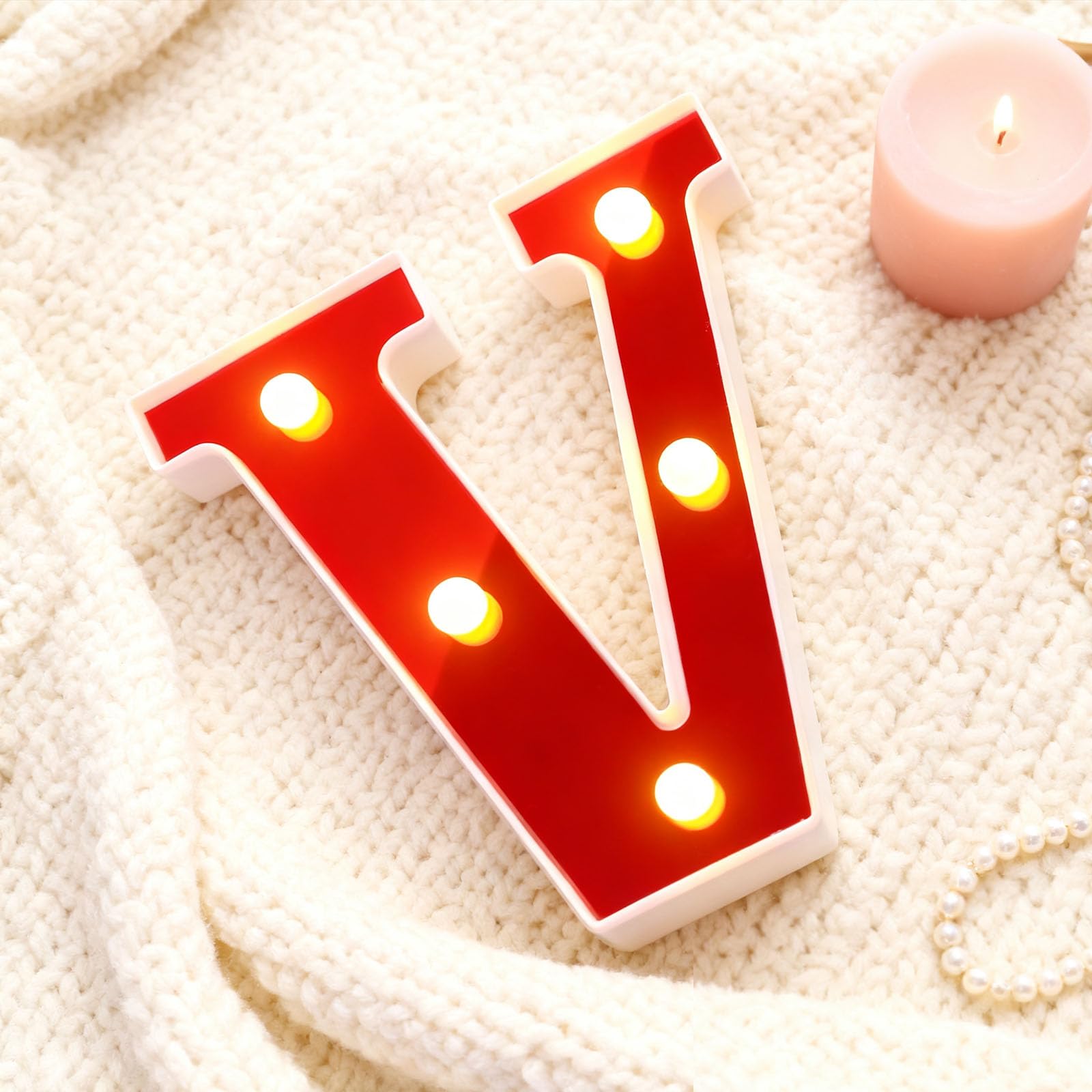 Letter V Sign Lights Battery Powered Decoration Table Lamp Red LED Night Light for Store, Wedding, Home Living Room Decor, Gift Giving Scenes(6.26"*5.39"*1.18")