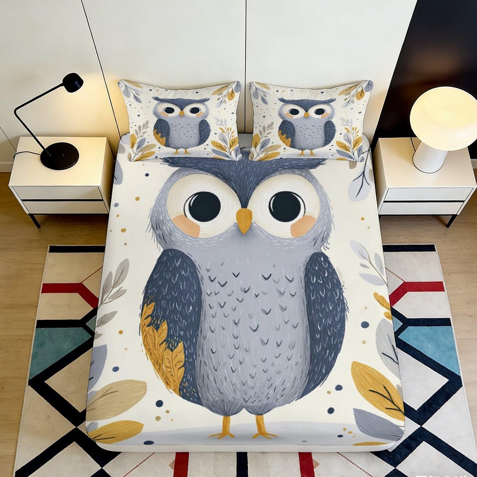 3D Printed Cute Owl Fitted Sheet Microfiber Soft Breathable Forest Leaves Mattress Cover for Bedroom Dorm Room Bed Decor 180x200x25cm