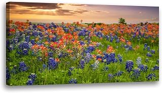 Large Framed Wall Art Ready to Hang 20" x 40" texas bluebonnets and indian paintbrush wildflower field blooming in Canvas Print Artwork Wall Art Painting Pictures Home Office Wall Décor Modern Poster