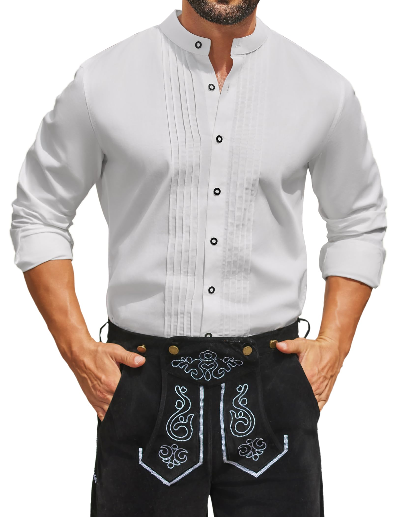 COOFANDY Trachtenhemd Herren Weiß Langarm Hemd Stehkragen Oktoberfest Baumwolle Freizeithemd Trachten Hemden