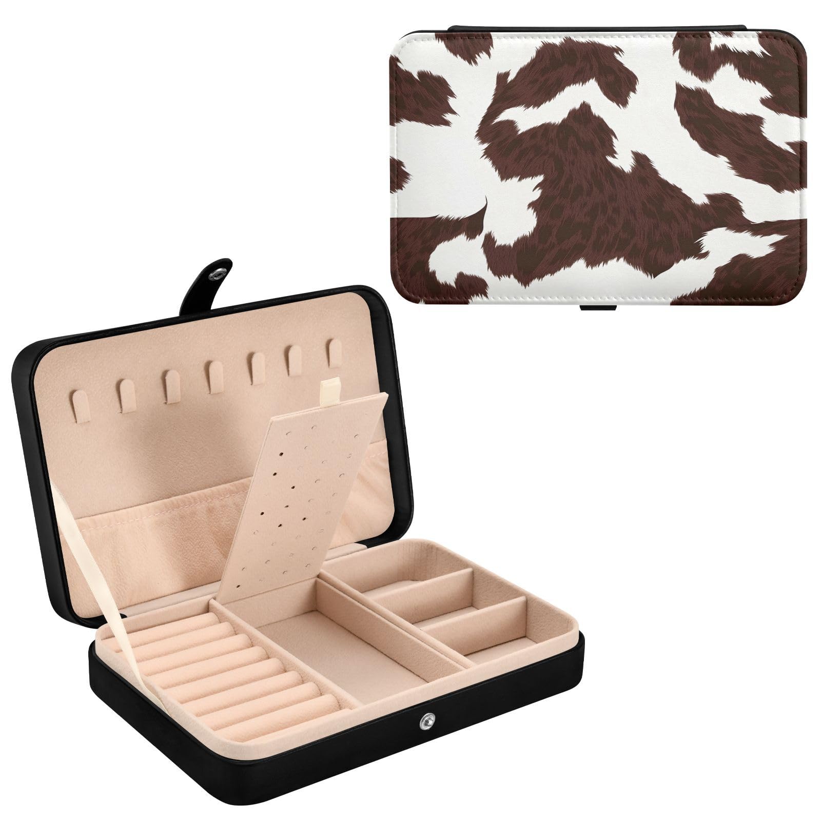 Haskirky Brown White Cowhide Texture Jewelry Box Portable PU Leather Travel Jewelry Organize for Women Jewelry Storage Display Holder for Ring, Necklace, Earring