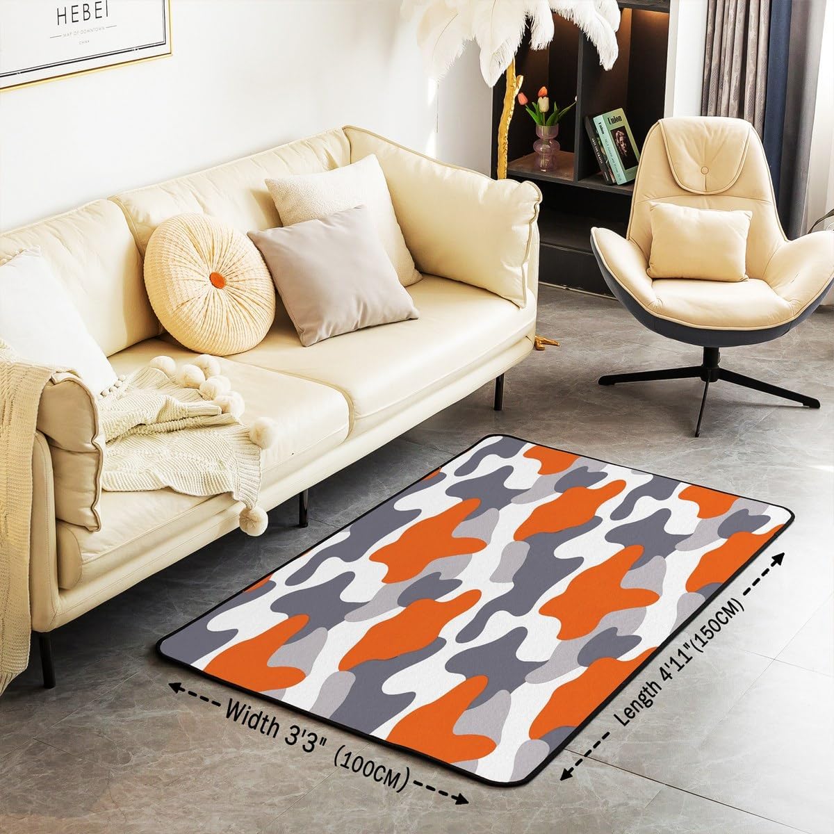 Camouflage Area Rug 4'x5' Orange Grey Black White Camo Living Room Rugs for Bedroom Home Decorative Military Style Carpet Ultra Soft Non-Slip Indoor Floor Mat