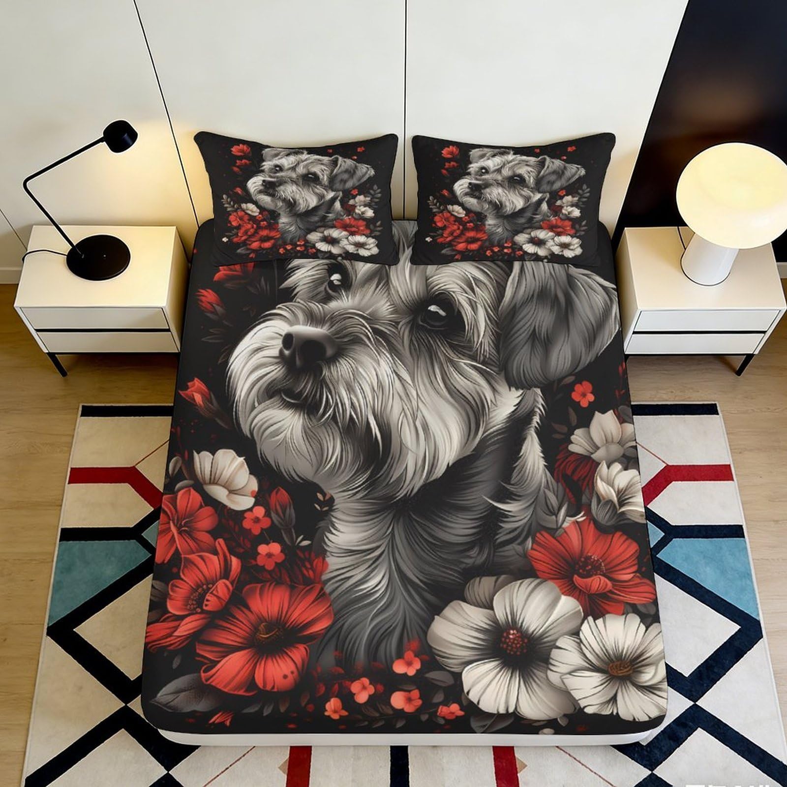 3D Printed Schnauzer Dog Fitted Sheet Microfiber Black Red Floral Mattress Cover for Bedroom Guest Room Dorm Decor 90x200x25cm