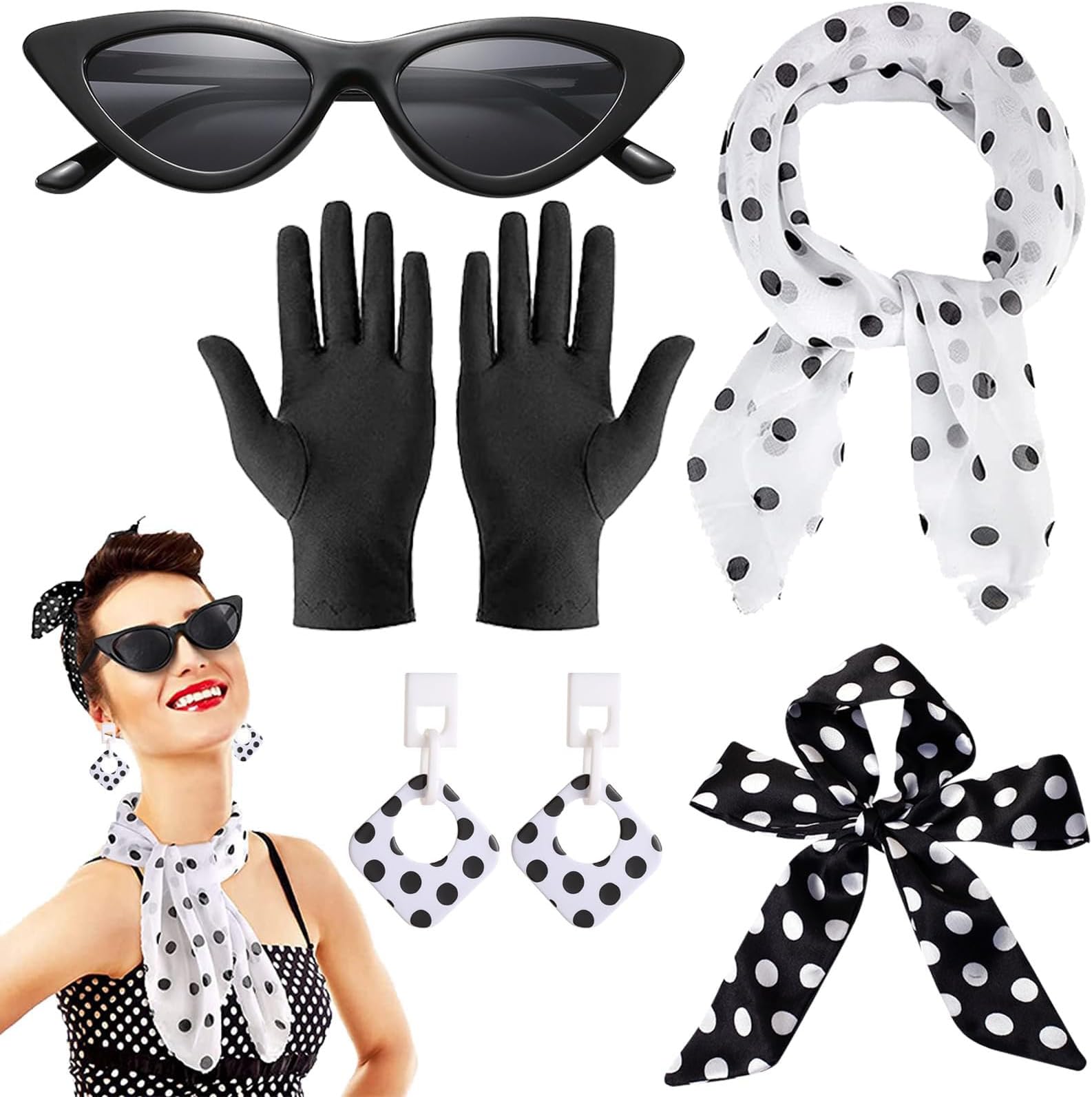 NALACAL 50s Fancy Dress Costume for Women Vintage Polka Dot Retro Bandana Tie Scarf Gloves Earrings Cat Eye Glasses 1950s Accessories Set