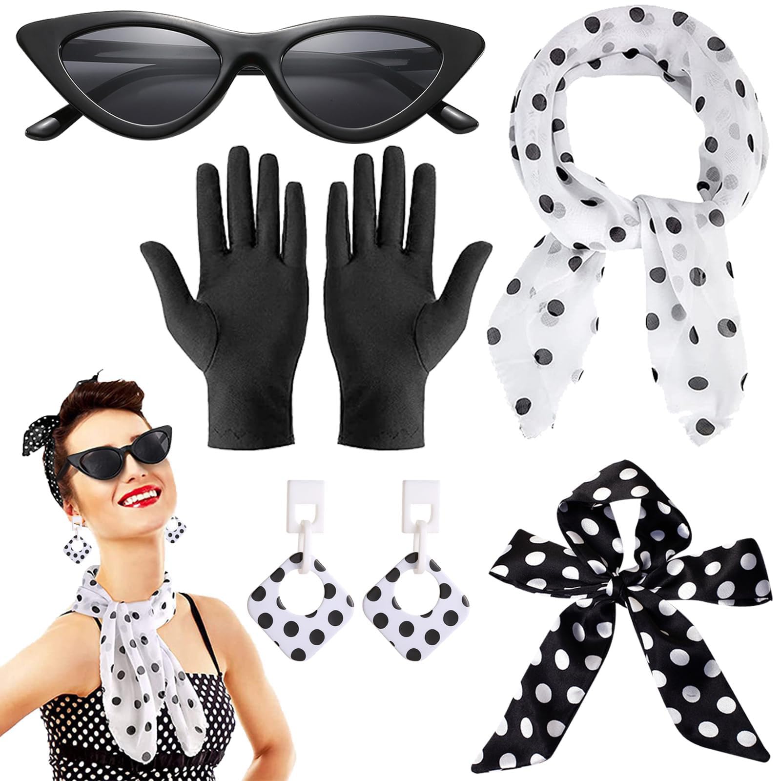 NALACAL 50s Fancy Dress Costume for Women Vintage Polka Dot Retro Bandana Tie Scarf Gloves Earrings Cat Eye Glasses 1950s Accessories Set