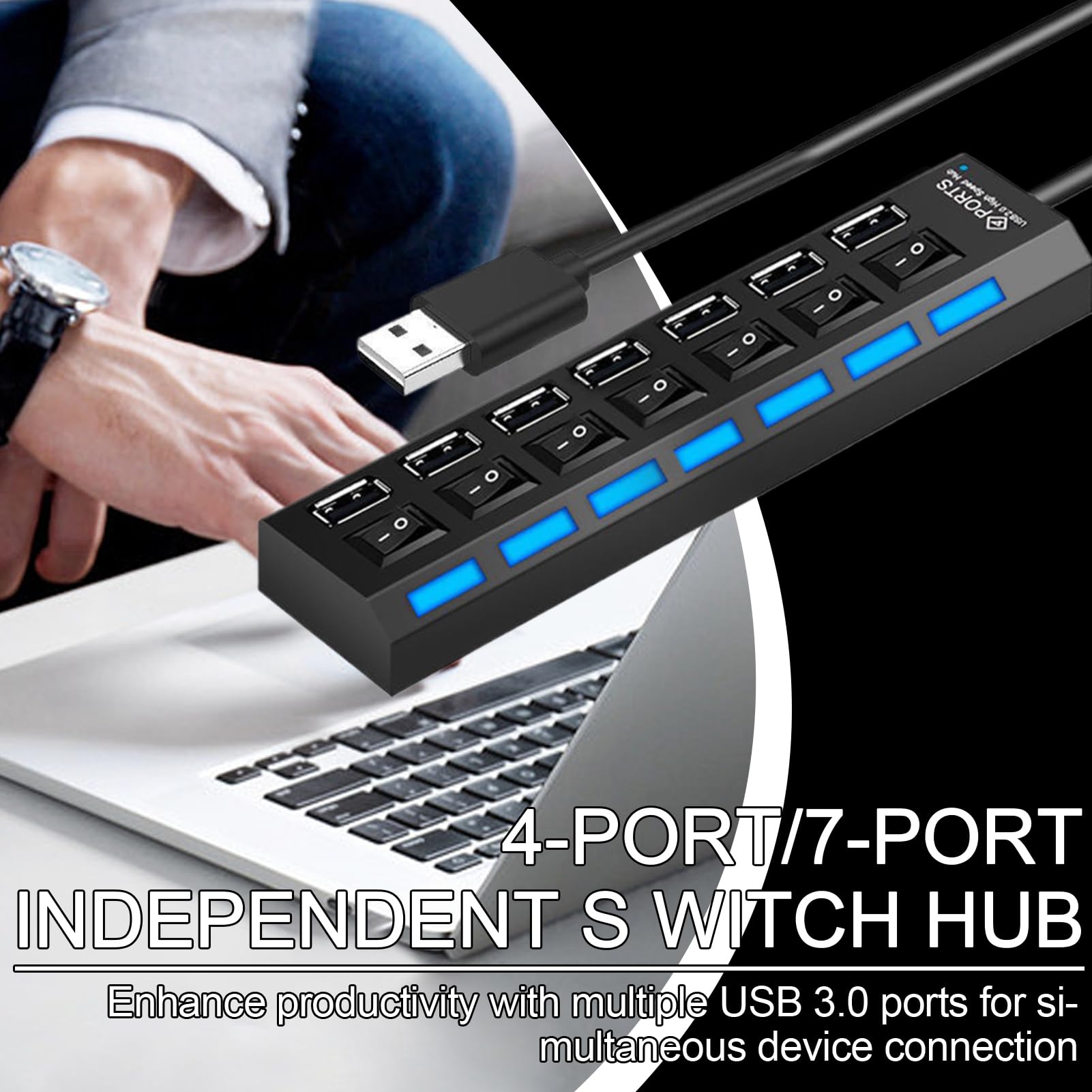 USB C HUB | Transferencia de Datos multiport de 4 Puertos, 7 Puertos | Multipurpose 3.0 USB Hub con botón Individual y Base Antideslizante para Trabajo Remoto Edición de Video Descripción