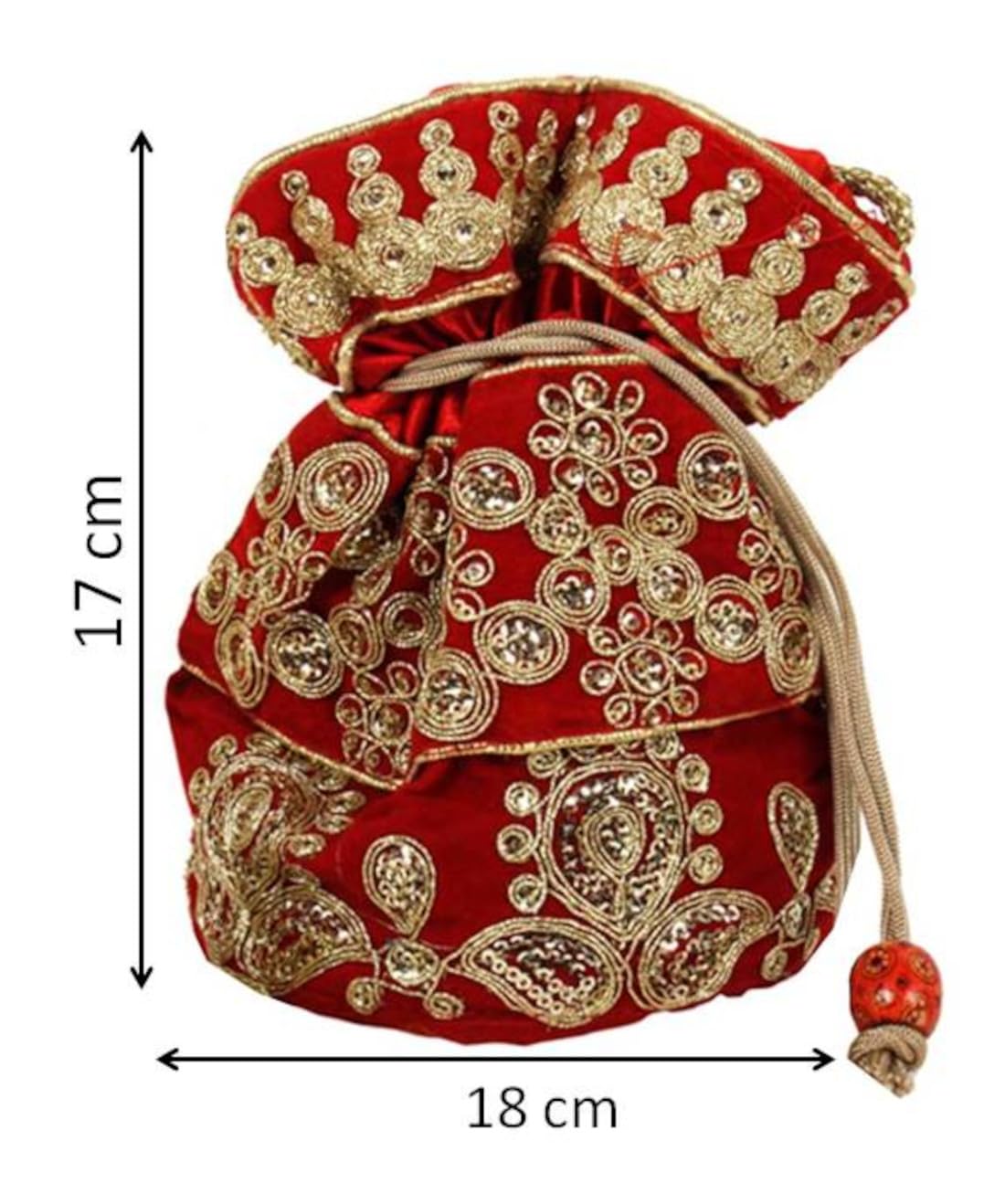 Purpledip Potli Bag (Clutch, Drawstring Purse) For Women With Intricate Gold Thread & Sequin Embroidery Work, Red Color (10040) - Image 2 thumbnail