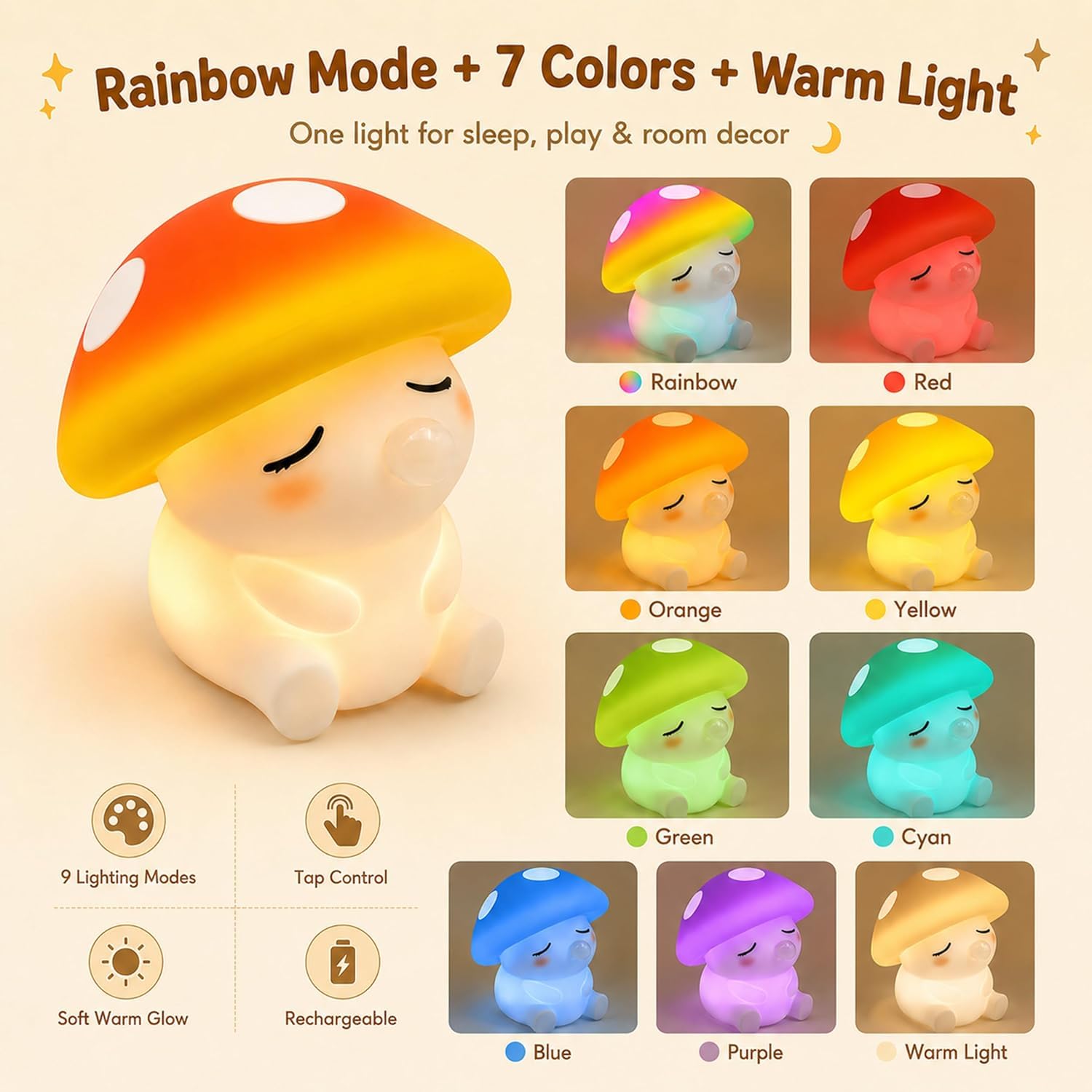 OOWOKS Lampada da notte a forma di fungo in silicone per bambini con comando touch luce bianca calda 3000K e modalità a 7 colori lampada da comodino per neonati dimmerabile lampada LED per bambini