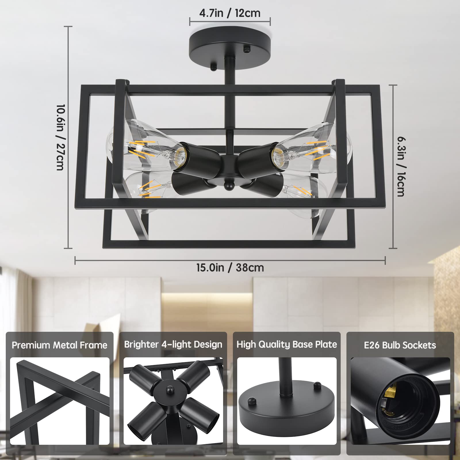 Black Semi Flush Mount Ceiling Light Fixtures, 4-Lights Kitchen Lights Fixture Industrial Farmhouse Metal Cage Close to Ceiling Lighting for Kitchen Island Dining Room Bedroom Hallway Laundry Foyer