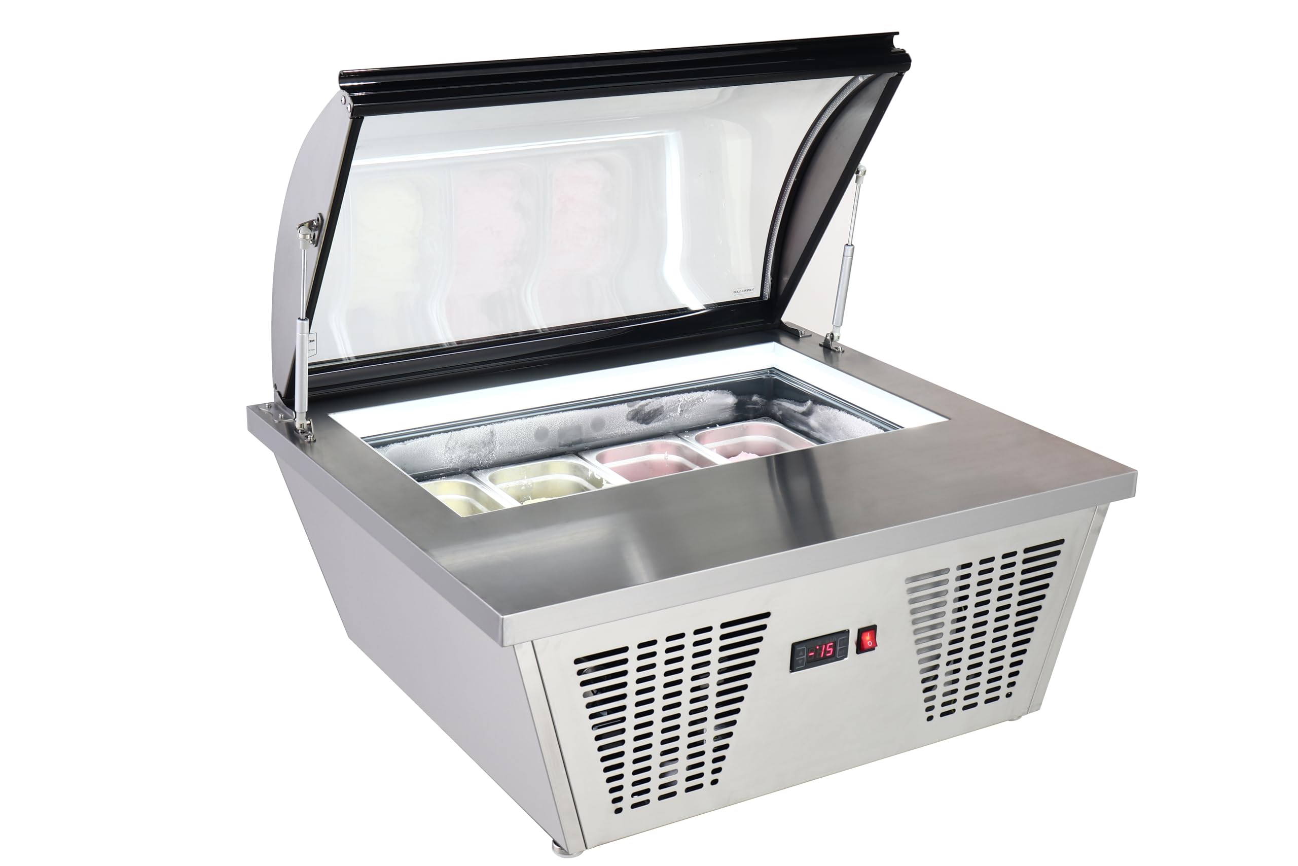 METRO Professional Vitrina de Sobremesa para Helados GIV1087C, 86.7x73.5x44.6 cm, 20 L, 4 Cestas, Tapa de Vidrio, Plata