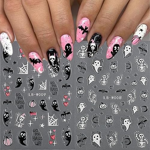Miniatura 4 de Calcomanías de arte de uñas de Halloween, calcomanías autoadhesivas 3D para uñas fantasma, color negro y blanco, diseño gótico de calabaza, diseño