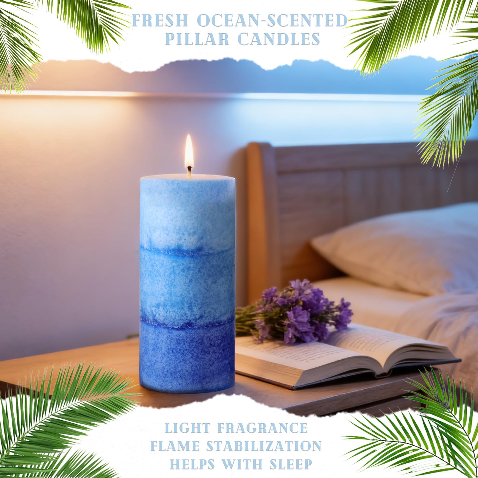 Blue Ocean - Candele cilindriche profumate, 7,1 x 15,2 cm, atossiche, 210 ore, a lunga durata, senza fumo, per decorazione della casa e matrimonio, confezione da 3
