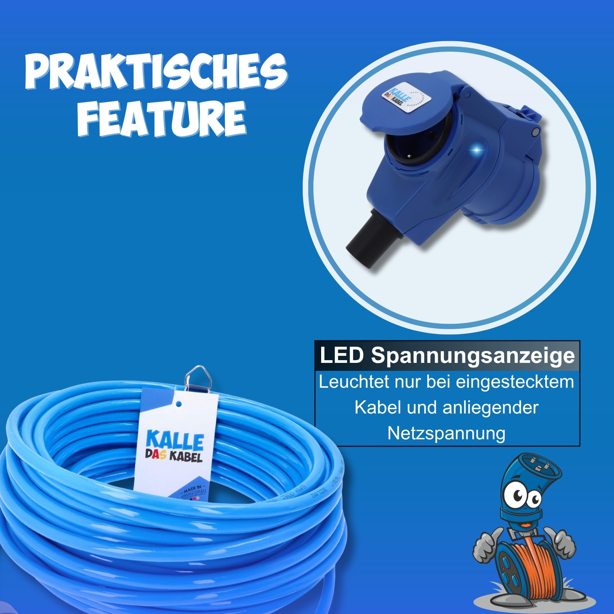 KALLE DAS KABEL CEE Verlängerungskabel 230V 16A – H07BQ-F 3G 2,5 mm², CEE Stecker auf CEE Winkelkupplung mit Schukosteckdose & LED Spannungsanzeige, IP44, Signal Blau, Camping Caravan 20 Meter