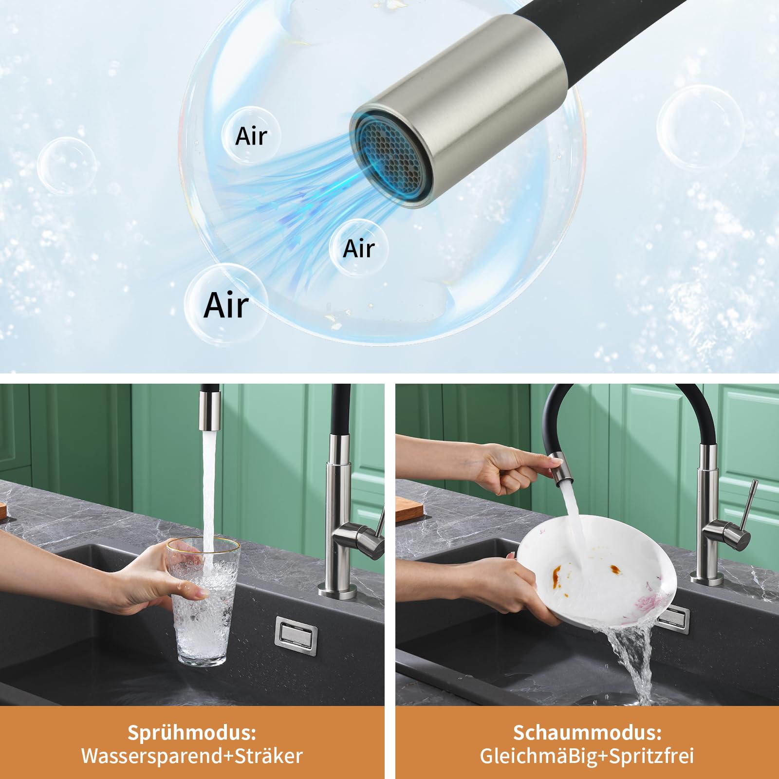 Wasserhahn Küche mit 360° Schwenkbarer Flexibler Auslauf, Hoher Bogen Hochdruck Küchenarmatur Edelstahl Spültischarmatur Küchenspüle Armatur mit Brause Armatur und Mischbatterie-Langlebig(Gebürstet)