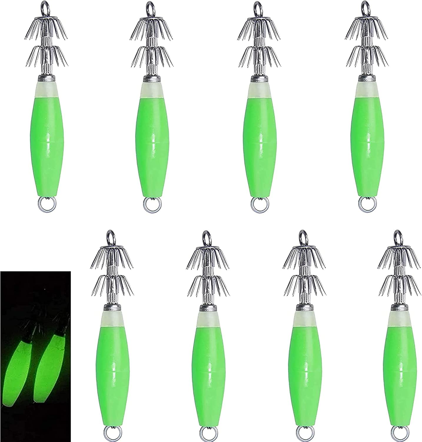 Luminous Squid Jig Hooks Fluorescent Fishing Lure Baits Luminous Cuttlefish Sleeve Jig Octopus Lures Set for Freshwater Saltwater Fishing(8pcs)