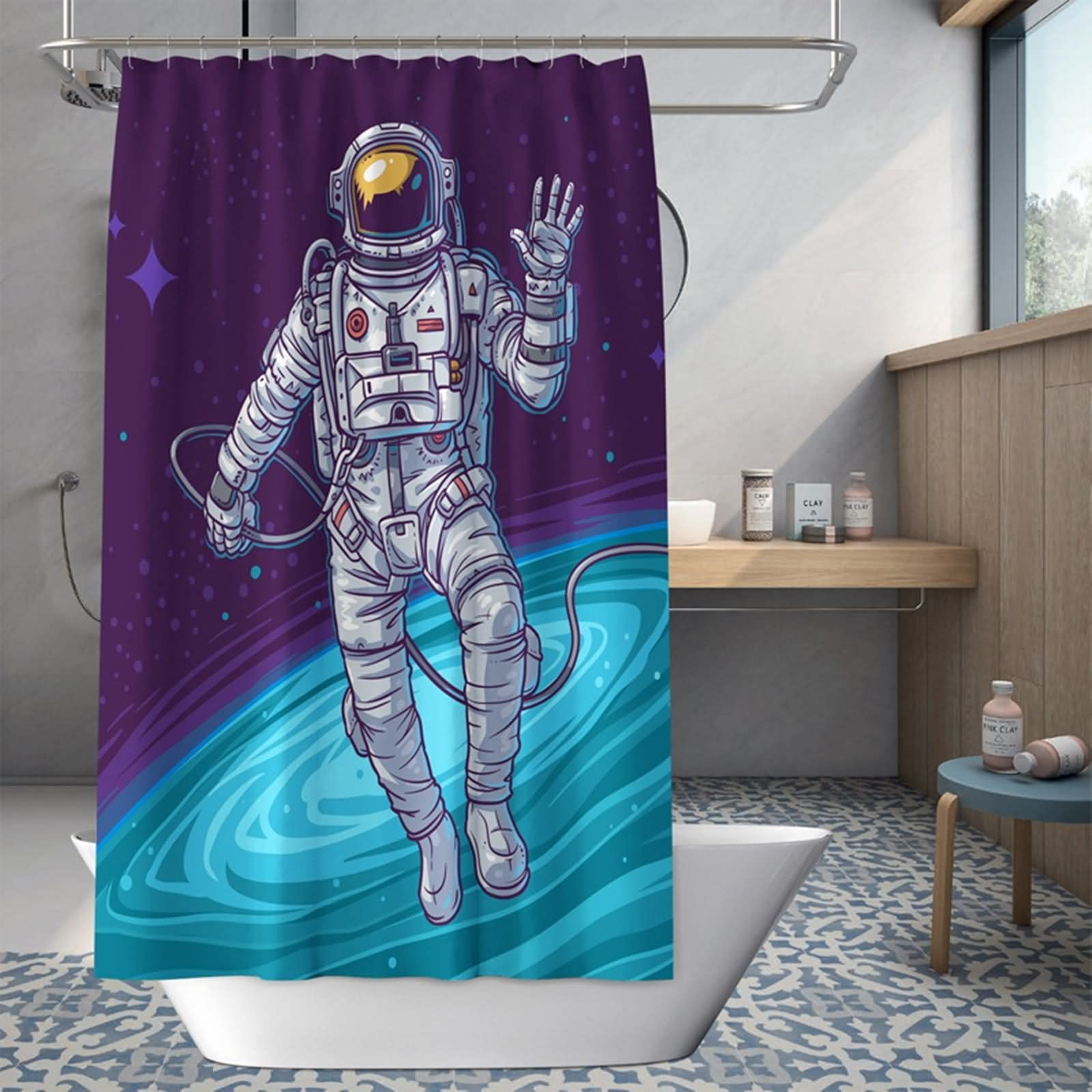 Zestaw zasłon prysznicowych, stylowa zasłona prysznicowa kreskówka kosmos niebieski szary poliester 195 x 234 cm dekoracja wanny