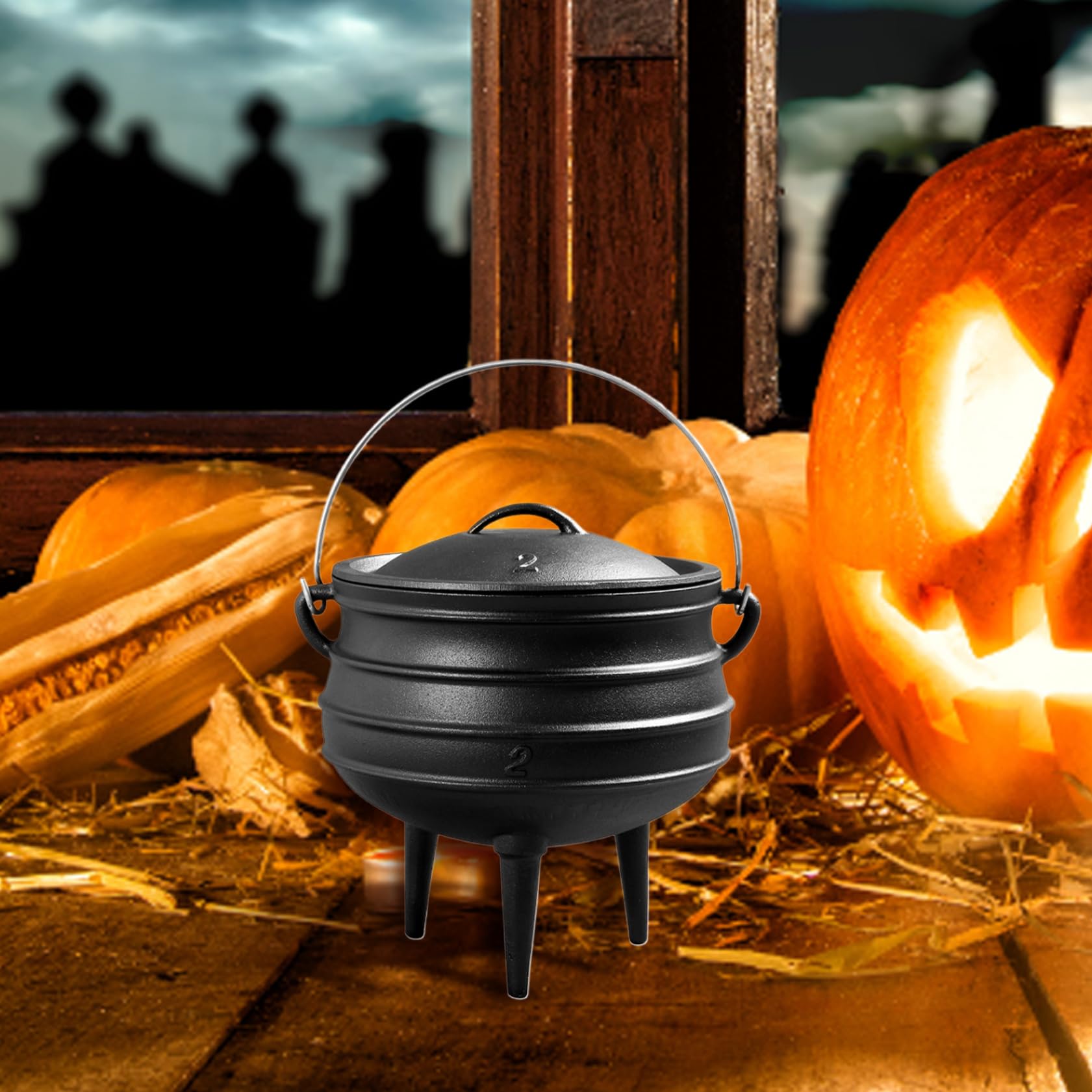 Caldero de Bruja de Hierro Fundido de 3 litros con Tapa y asa, Olla de Hierro Fundido con 3 Patas largas al Aire Libre para Acampar, Chimenea, brujería, Halloween