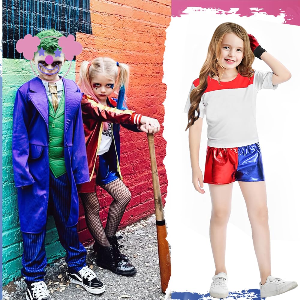 BITOYO Costume da Quinn Bambina, Costume da Quinn Clown Cosplay Joker Costume con T-Shirt Giacca Pantaloncini e Guanti Costumi per Ragazze Halloween Natale Carnevale Costumi Cosplay