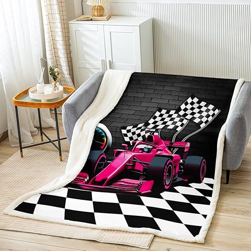 Manta de franela con bandera a cuadros blancos y negros, manta de forro polar para decoración de habitaciones, manta de coche deportivo rosa para