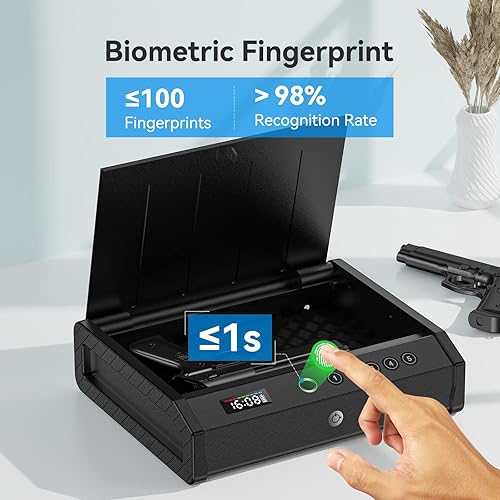 Miniatura 18 de Gun Safe, Biometric Gun Safes for Pistols with LCD Display of Temperature Humidity, Fingerprint Quick Access Pistol Safe Solid Handgun Safe