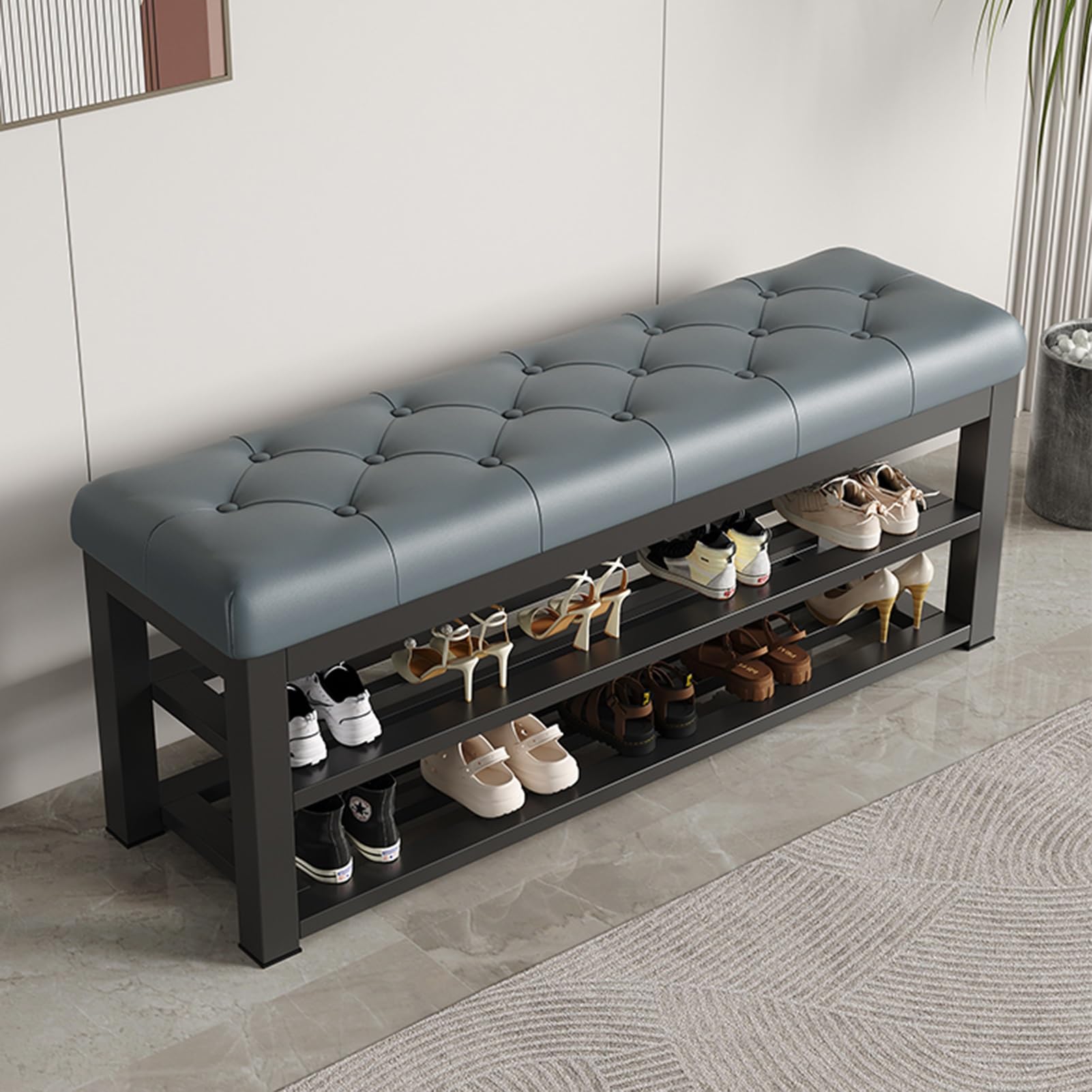 LWJSOCP Cushioned Shoe Bench with 2 Tier Shoe Rack Faux Leather & Metal Frame Entryway for Bedroom Living Room Hallway (Black 120cm/47.2in)