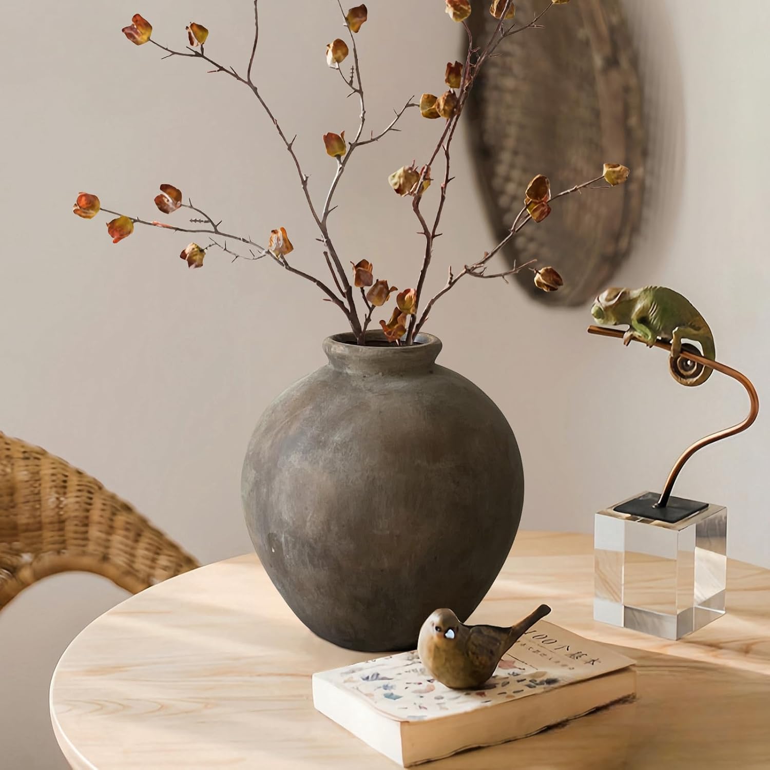 Rustic Ceramic Vase, 7.87 Inch Brown Farmhouse Flower Vases for Home Decor, Handmade Pottery Vase for Centerpieces & Table Decorations, Living Room & Entryway Decor