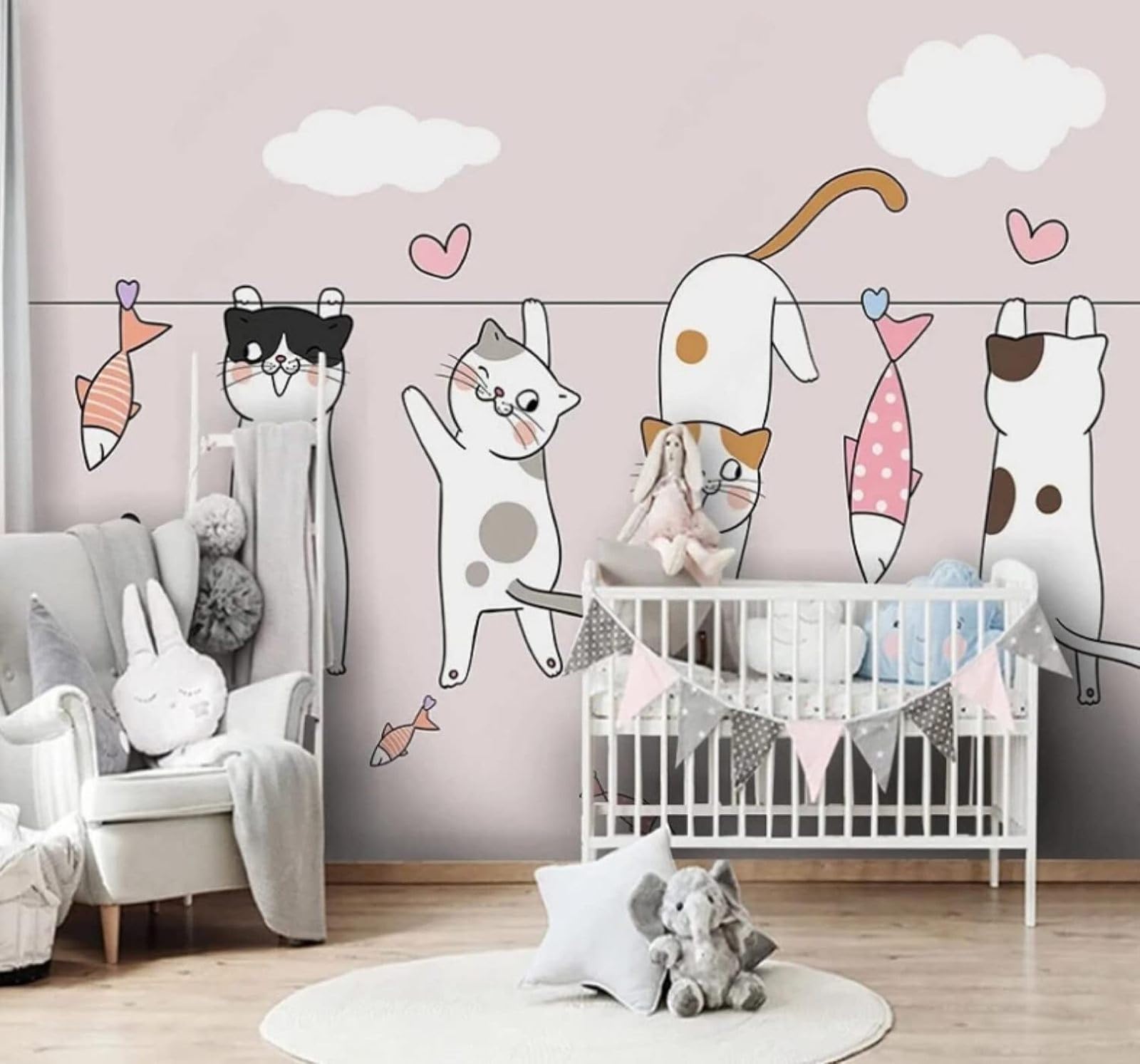 Simple Hand Drawn Cartoon Cute Kitten 3D Wallpaper Easy Install Feature Office Living Room Sofa Bedroom TV Background Wall Decoration-350cm×256cm