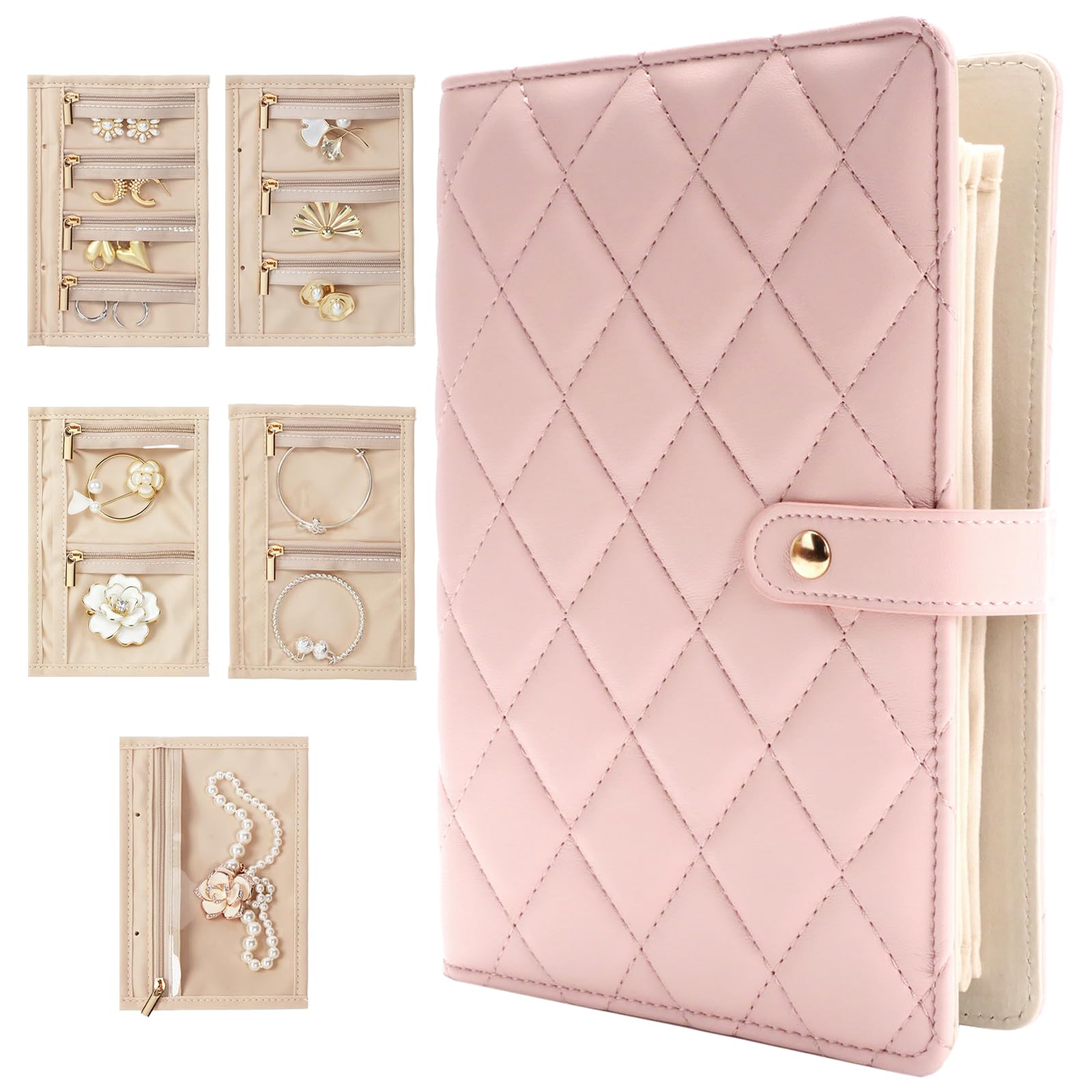voso トラベル ジュエリーオーガナイザー ブック型 取り外し可能ページ 透明ジッパー付きベルベットポーチ 大容量 リング ネックレス ピアス収納 レディース ギフト 旅行用 高級PUレザー (ピンク)