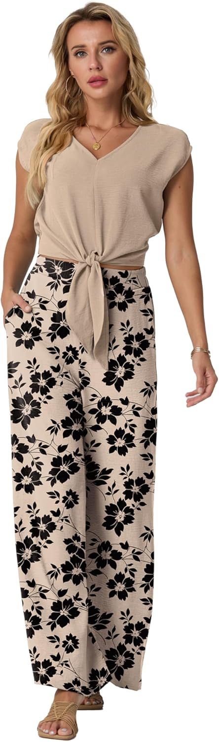 Lepunuo Women Summer 2 Piece Outfits Cap Sleeve V Neck Belted Crop Tops Casual Wide Leg Pants Matching Sets Travel Outfits - Image 3