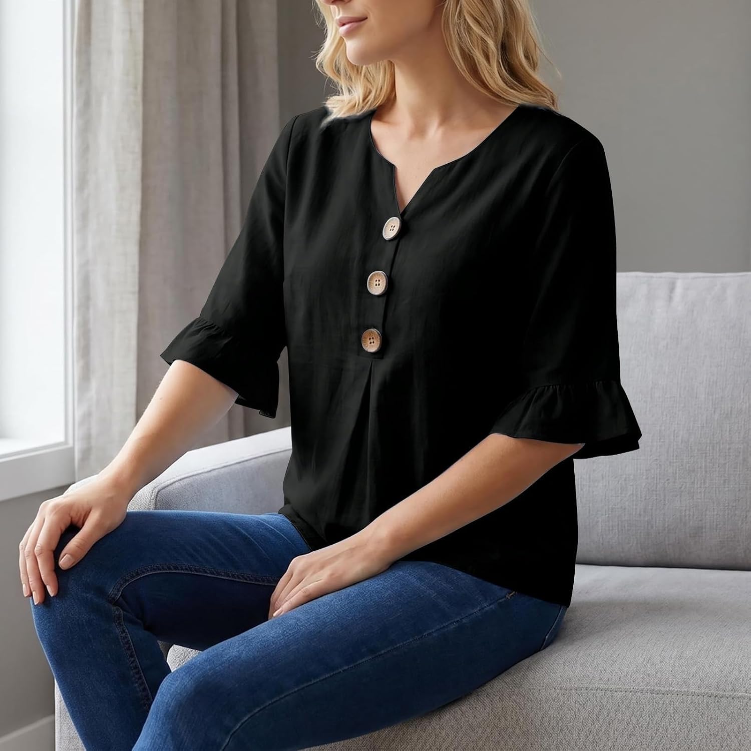 for Women Button Down V Neck 3/4 Sleeve Ruffle Gauze Shirts Lightweight Casual Blouses