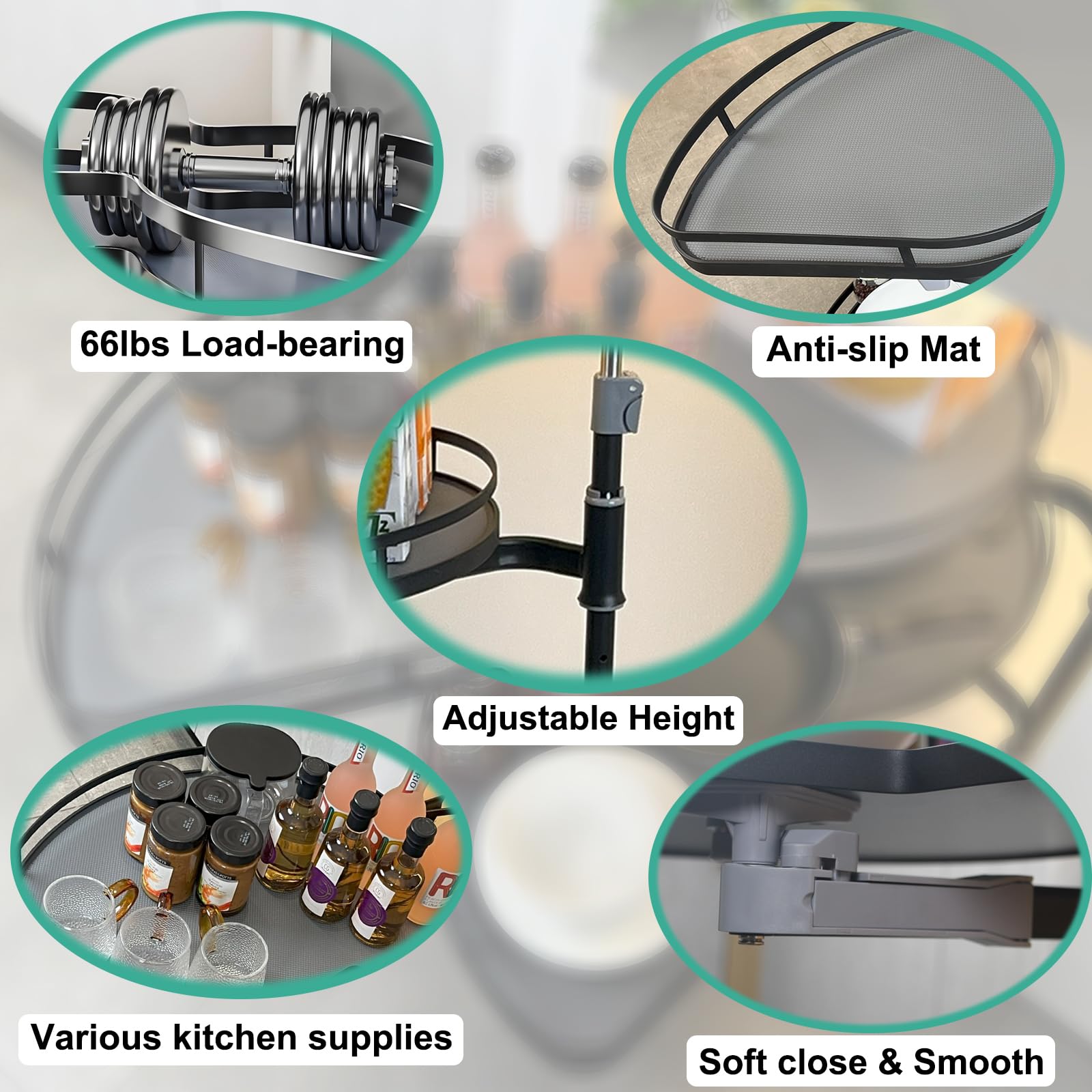 Lazy Susan - Organizer ad angolo per mobili ad angolo, 81,3 cm, a 2 ripiani, ad angolo, estraibile, con abbassamento automatico, altezza regolabile, colore: nero