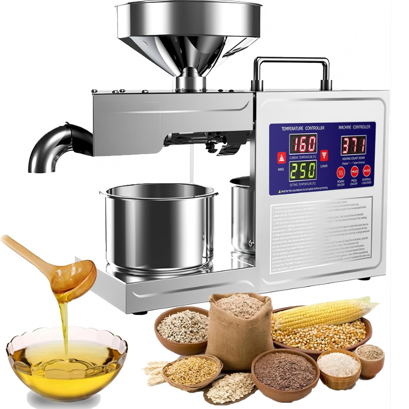 PweKzxt 800W Oil Press Machine, Automatic Extraction Squeezer Commercial Oil Press Machine,304 Stainless Steel Electric Hot/Cold Nut Seed Extractor,for Grain Corn Peanuts,Nut,Soybean