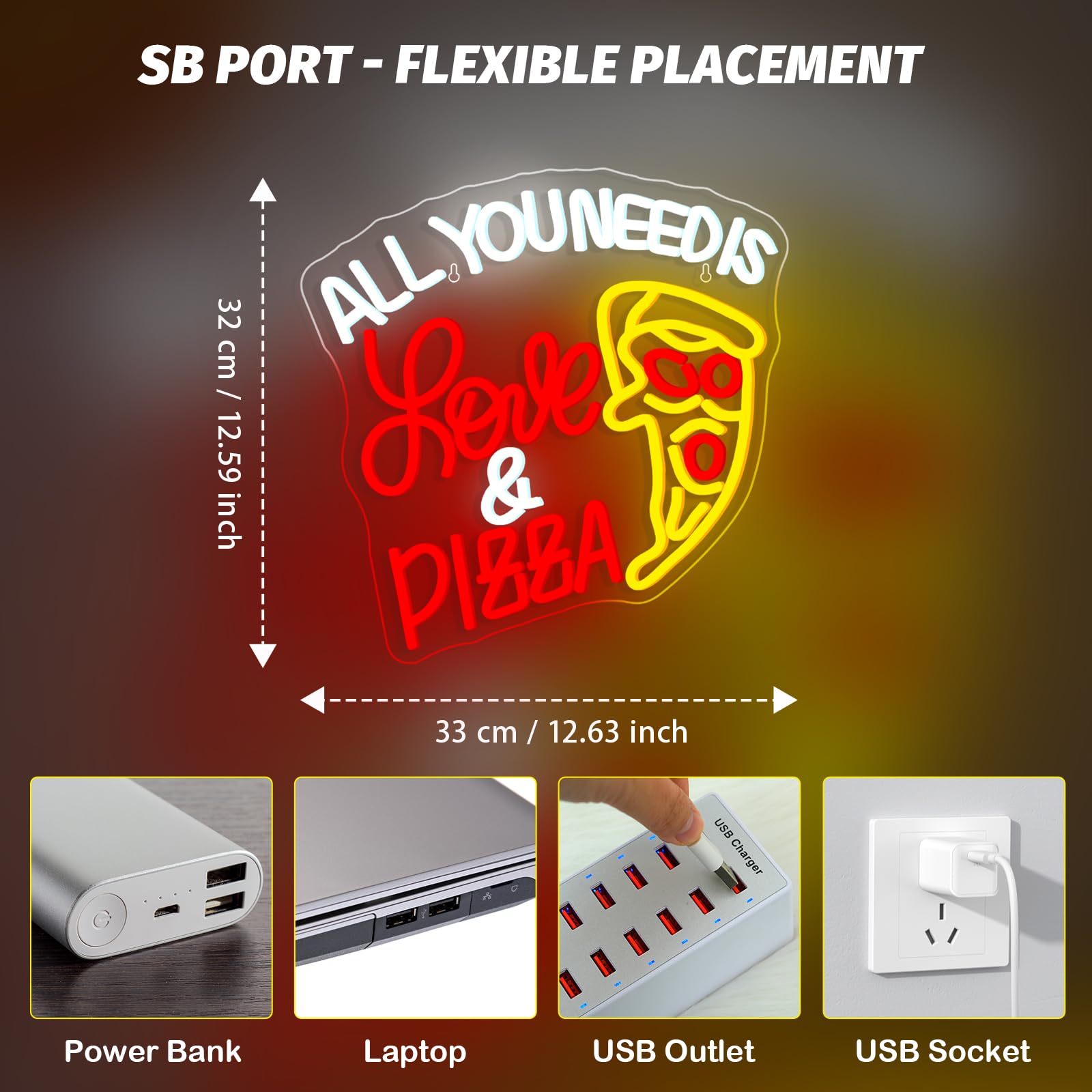 All You Need Is Love & Pizza Insegna Led Pizza Lampada Neon USB Dimmerabile Insegna al Neon Decorazione Letter Insegne Luminosee per Pizzeria Negozio, Regalo, Camera da Letto, Ristorante, Cucina