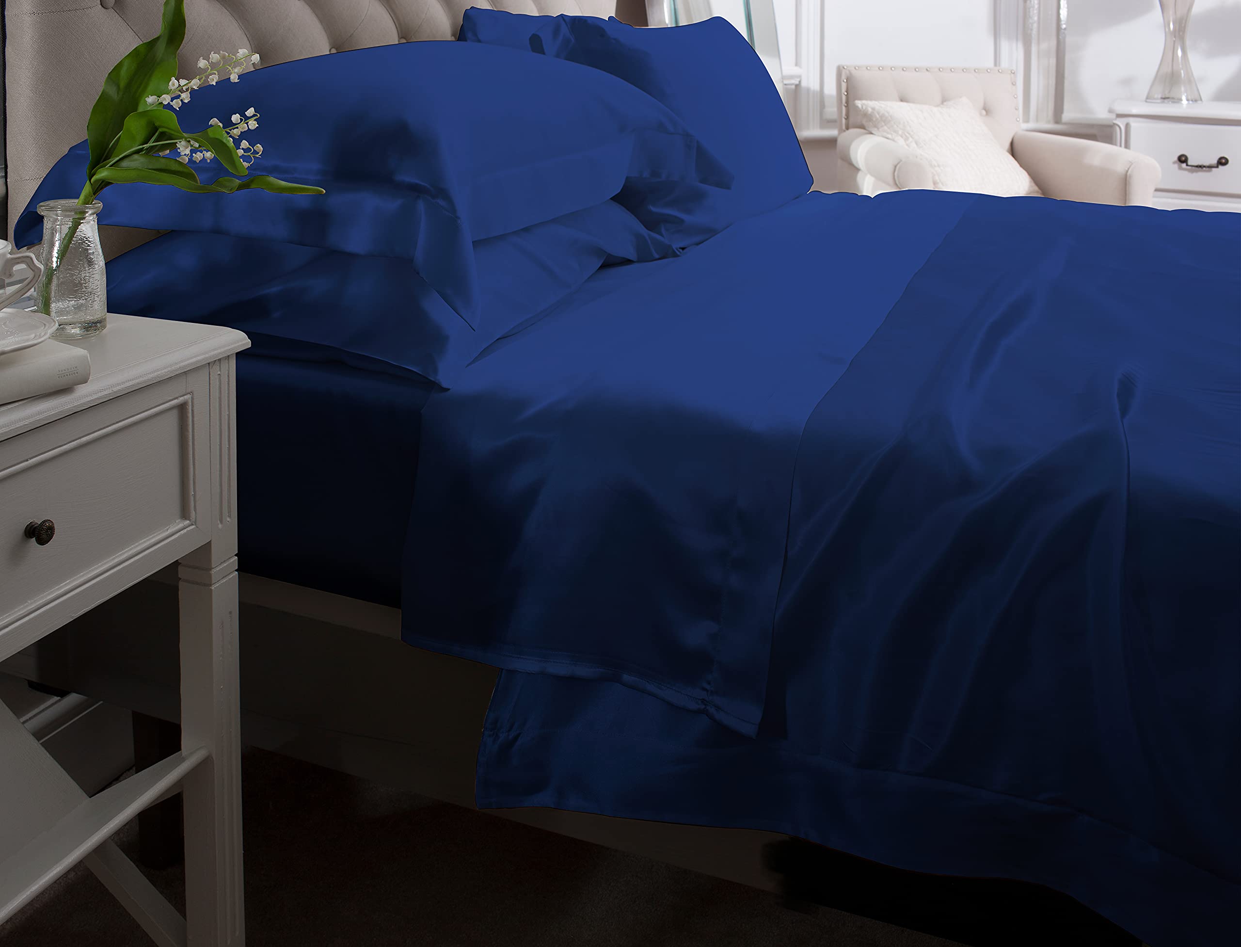 Jasmine Silk Navy 6Pcs 100% Mulberry 19Mm Charmeuse Silk Duvet Cover Set (Navy) (Double)