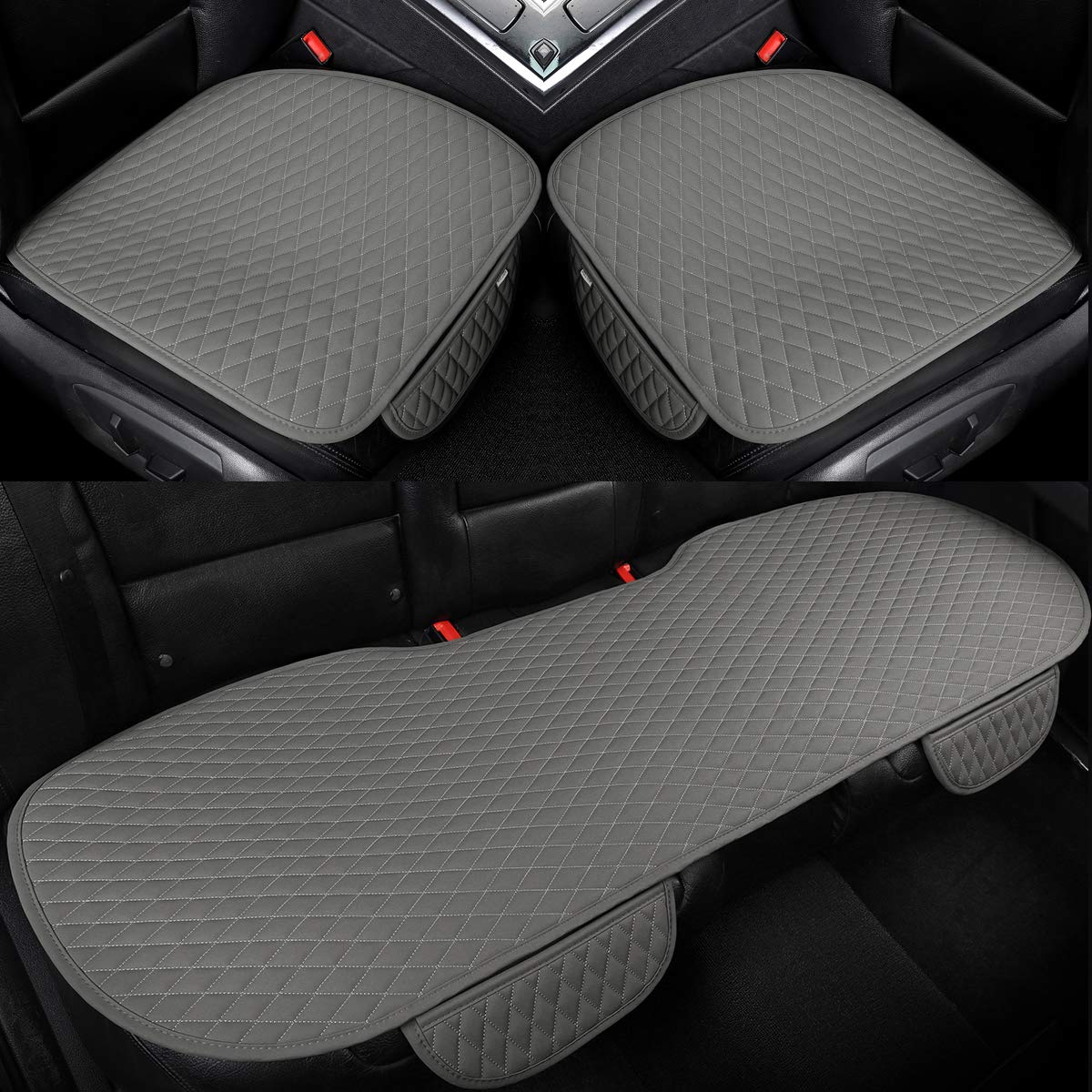 Pu Leather Car Seat Bottom Covers Protectors Include 1 Pair Front Driver Seat Pad Mat and 1 Rear Bench Cover Universal Fit 90% Vehicles,Gray