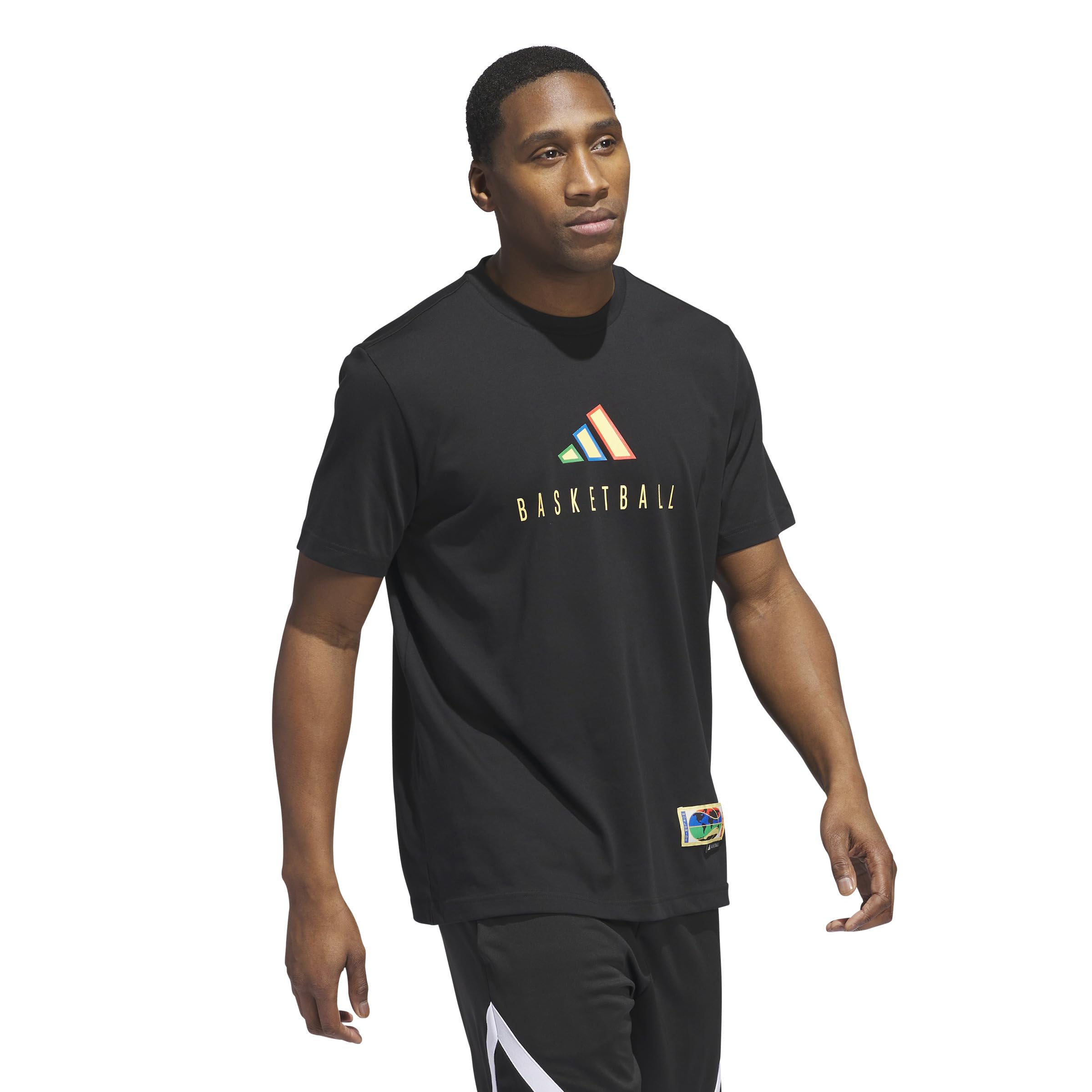 adidas Męska koszulka do koszykówki w wysokim rozmiarze Worldwide Hoops z grafiką, czarna, duża, Czarny, L