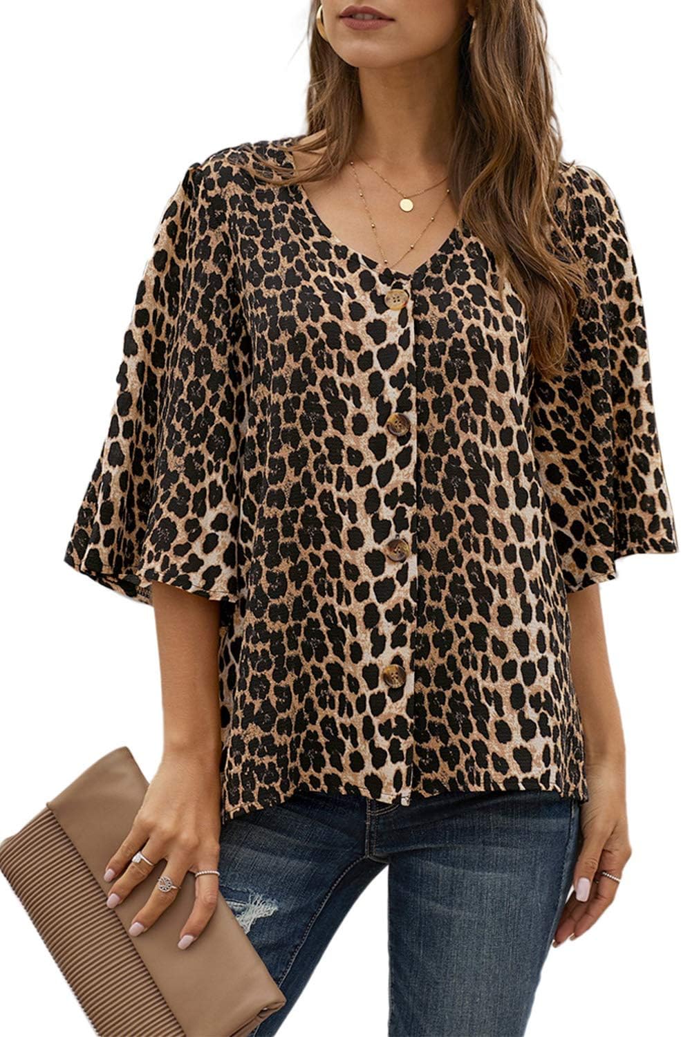 Ecrocoo Women's Casual 3/4 Bell Sleeve V Neck Print Button Down Loose Tops Blouses Shirt