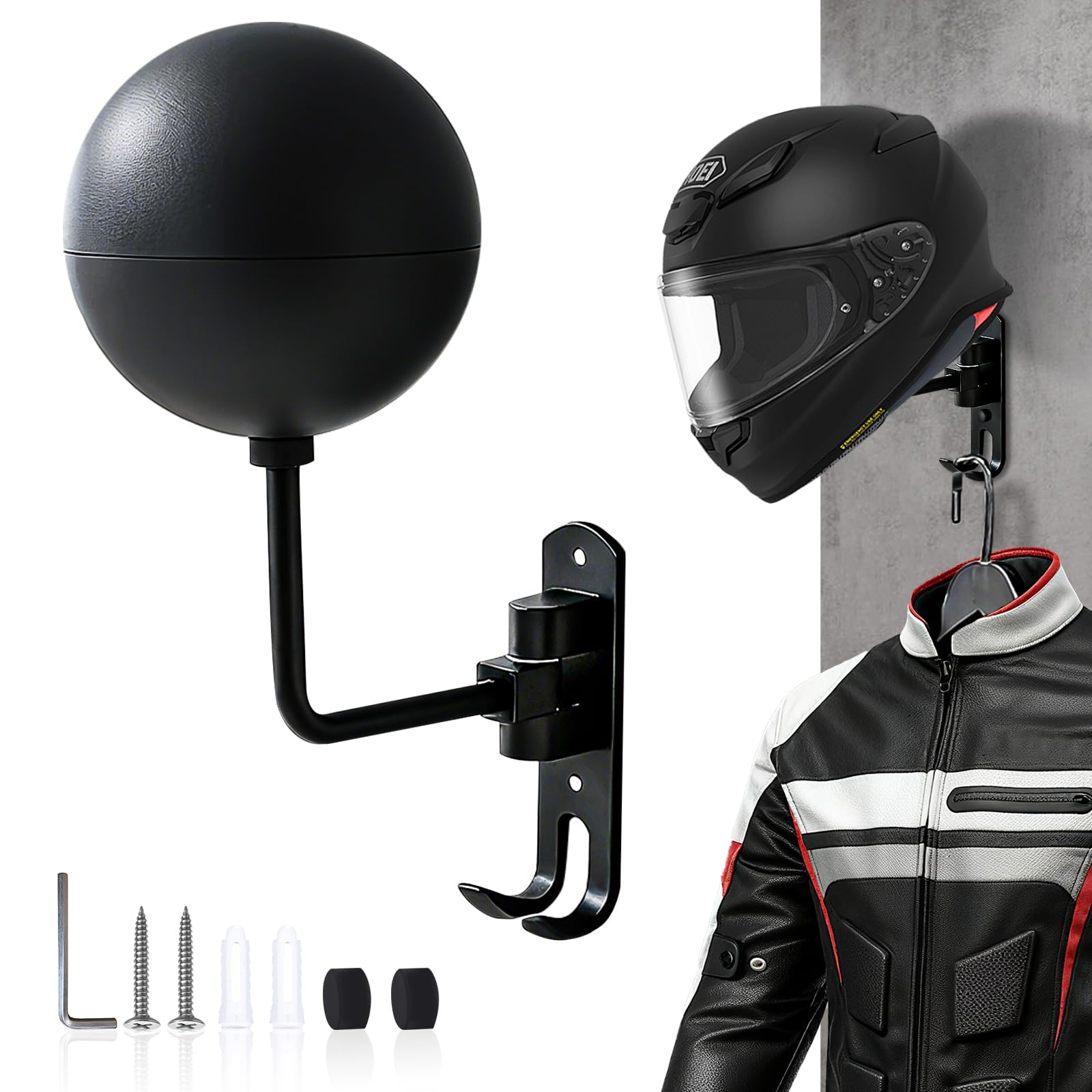 Stojak na kask motocyklowy 180°, montowany na ścianie, obrotowy stojak na kask z 2 haczykami, do torebki, płaszczy, czapek