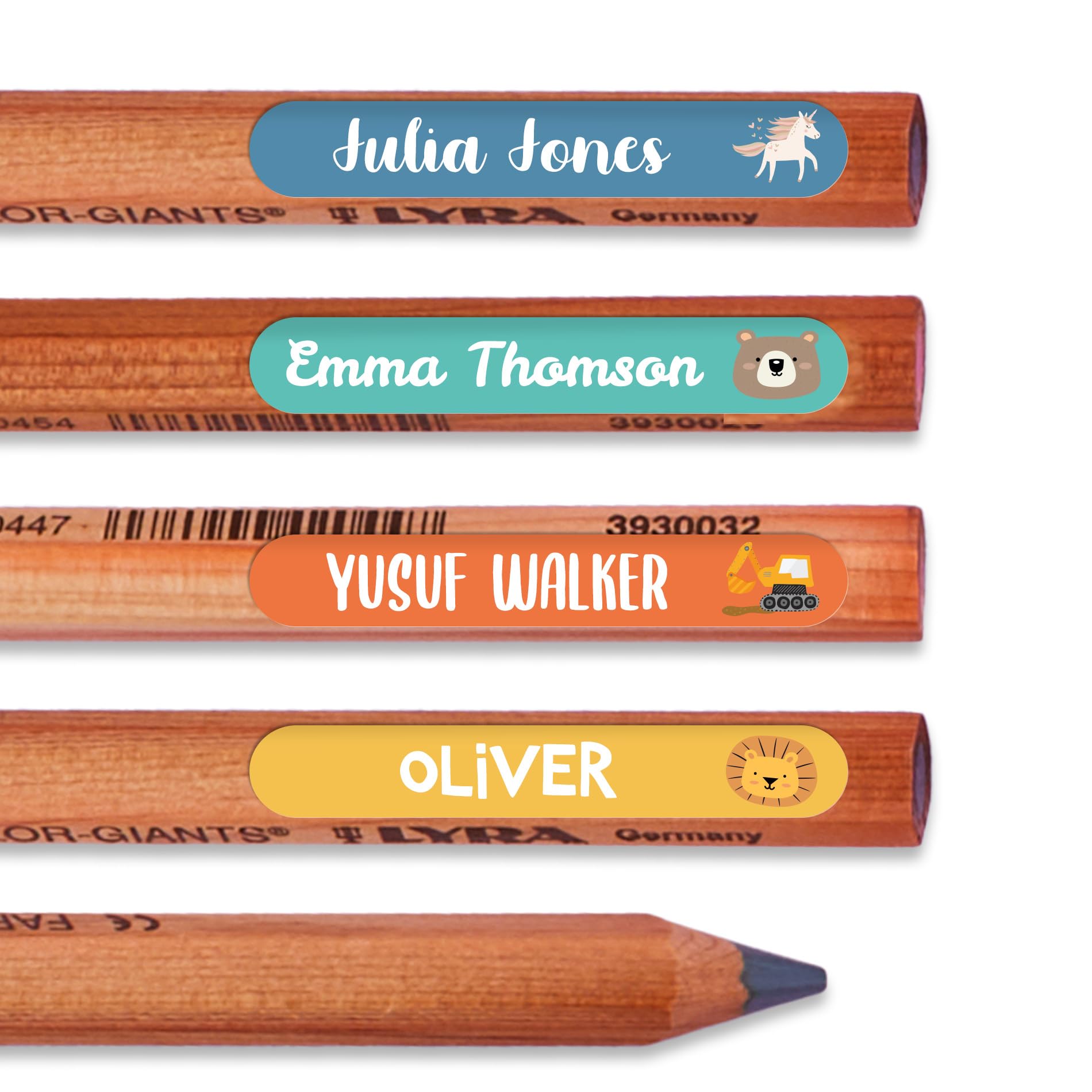 EASY2NAME - Themed Mini Name Labels, Ideal for Smaller Items Like: Pencils, rulers, Scissors, Cutlery, toothbrushes, Glasses, inhalers. Dishwasher and Microwave Safe. Dim: 38 x 6mm (Colorfull)