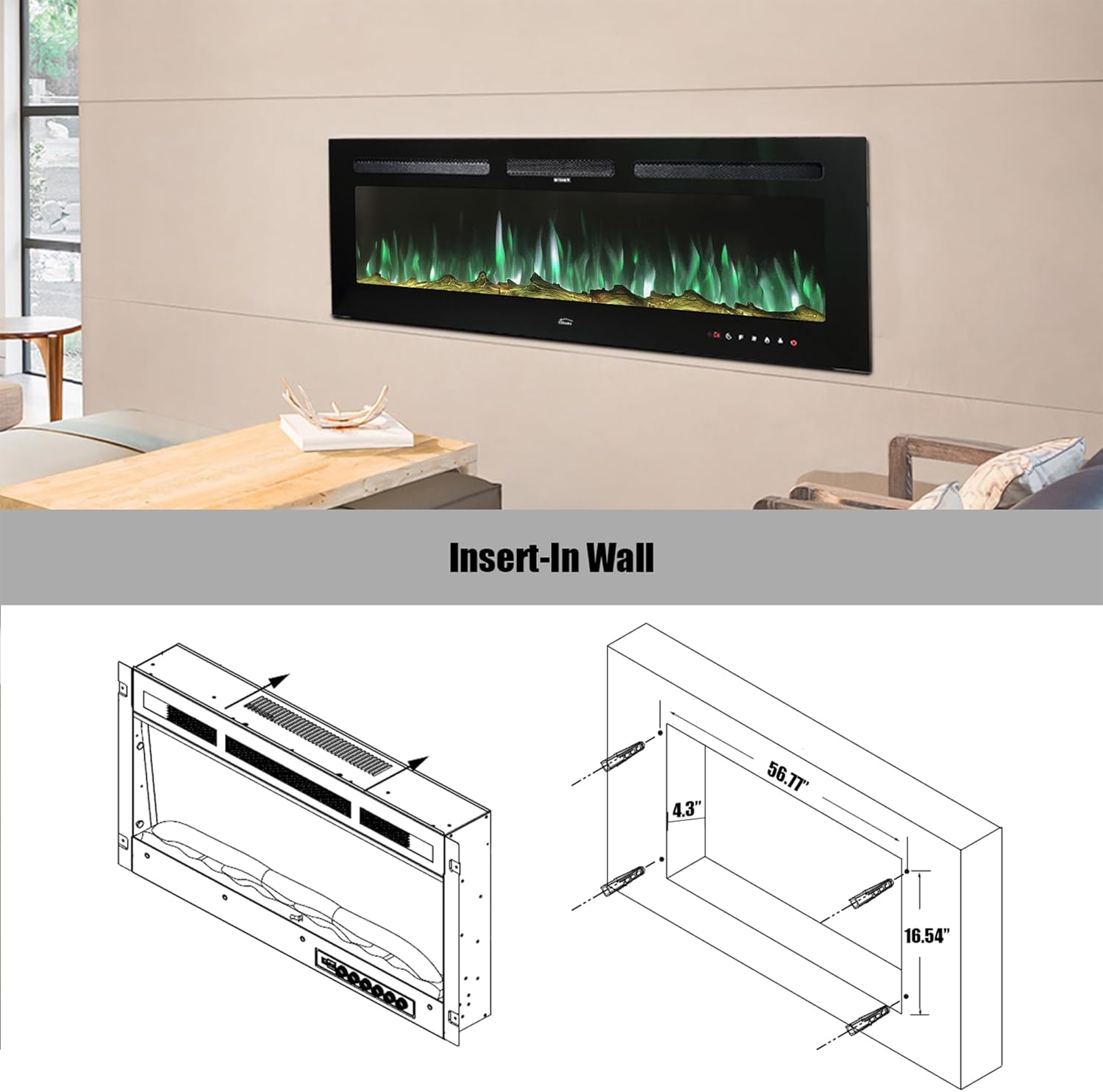 Diagram showing the wall-mounted installation process for the electric fireplace.