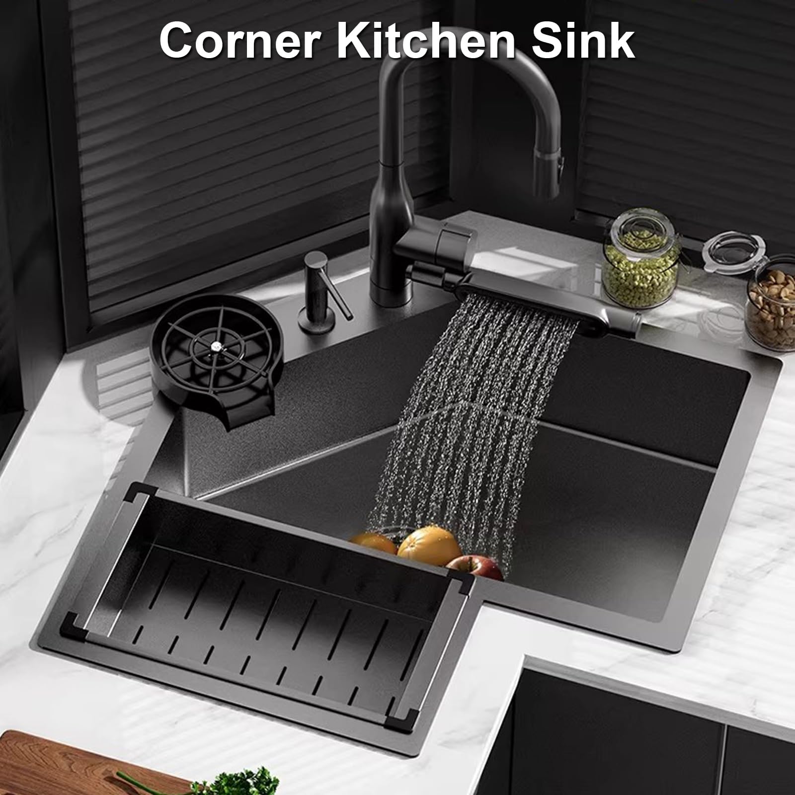 Fregadero Cocina Esquina, Fregaderos de Cocina de Acero Inoxidable 304, con Grifo Extraíble y Kit Desagüe, Apto para Hogares, Restaurantes y Bares(Silver,60x60cm/23.6x23.6in)