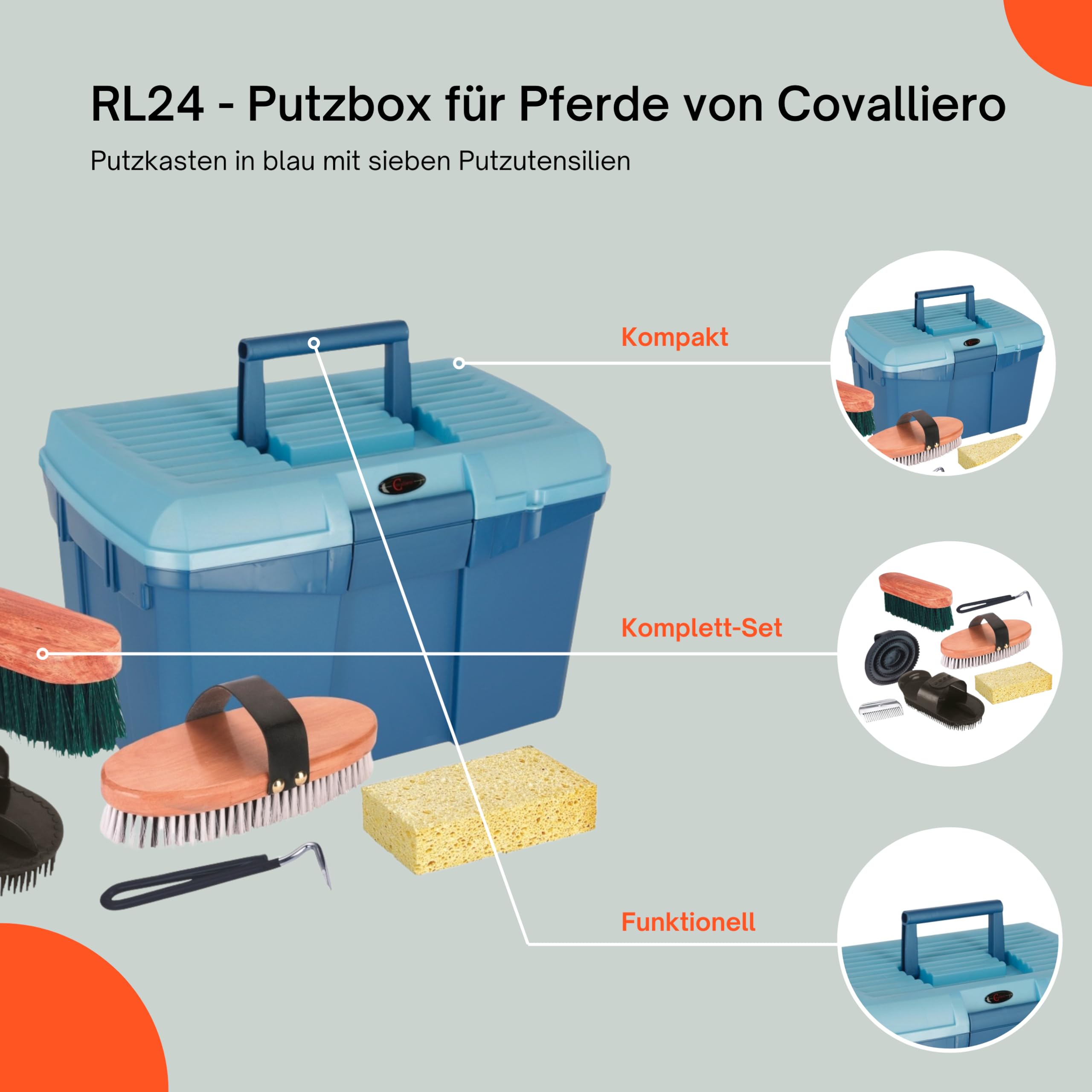 RL24 - Putzbox für Pferde von Covalliero | Putzkasten mit Hufreiniger, Mähnenkamm, Striegel, Schwamm, Kardätsche & Pferdebürste | Putzkoffer für Pferde | Pferdepflege Set 7-teilig