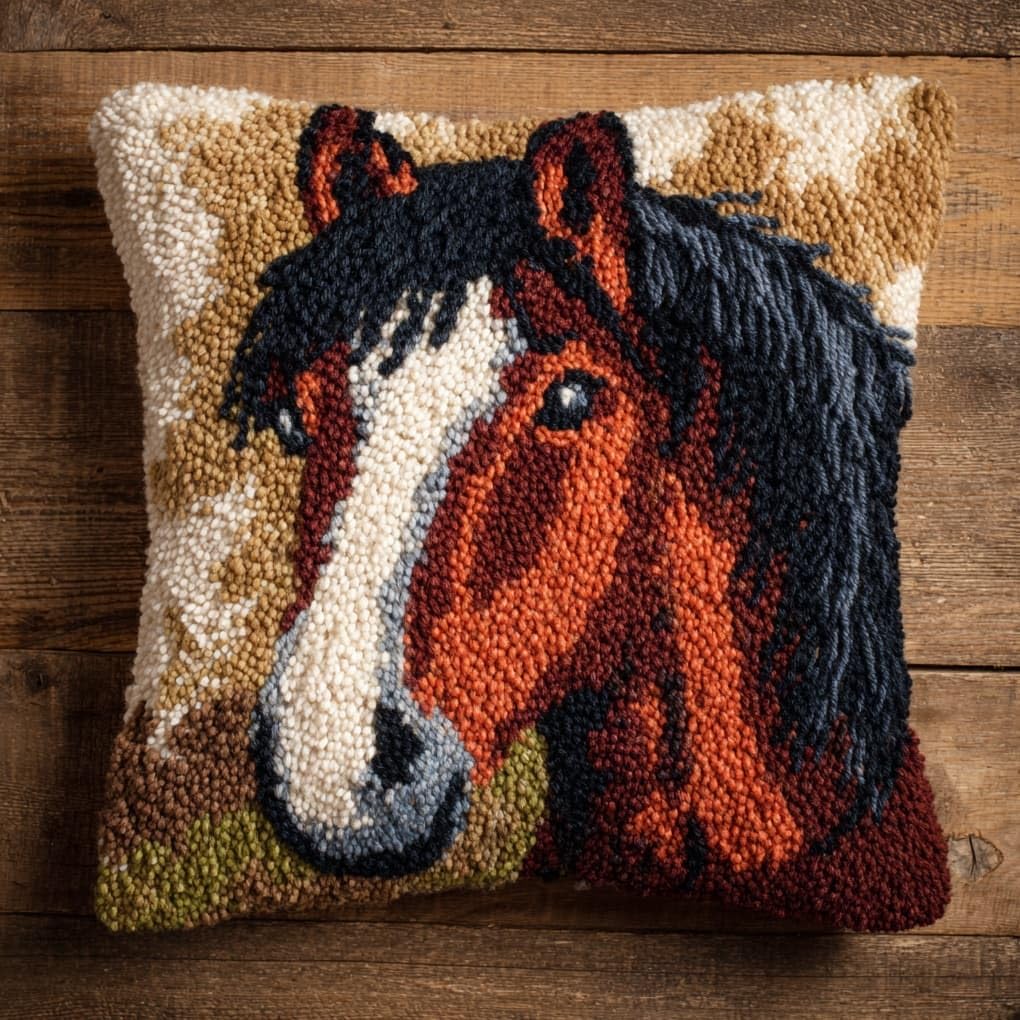 WallustrioaW Latch Hook Pillowcase Kits 17x17in,Animal Horse