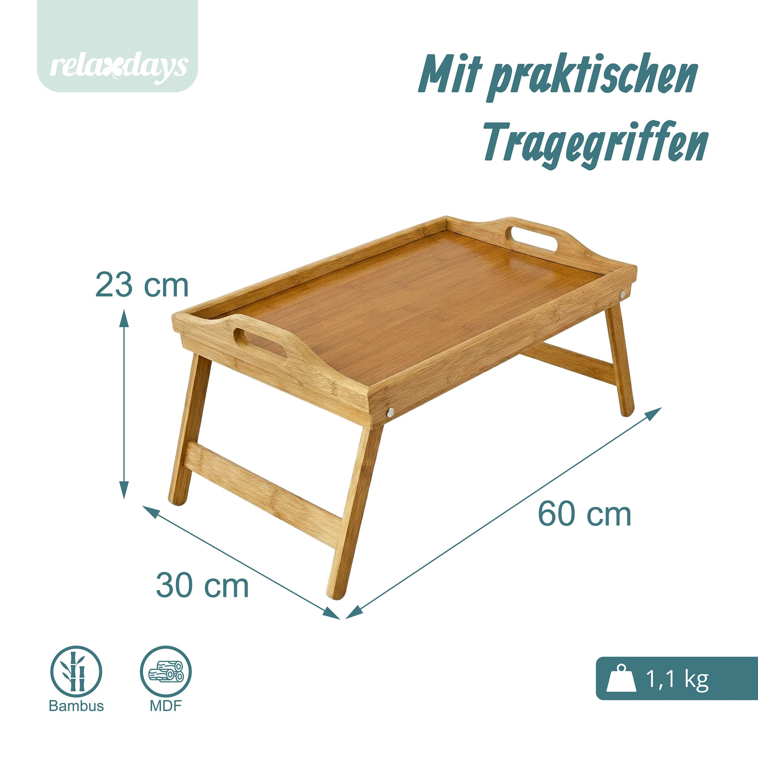 Relaxdays Betttablett klappbar, Essenstablett mit Füßen, Frühstück im Bett, Bambus & MDF, HxBxT: 23 x 60 x 30 cm, Natur