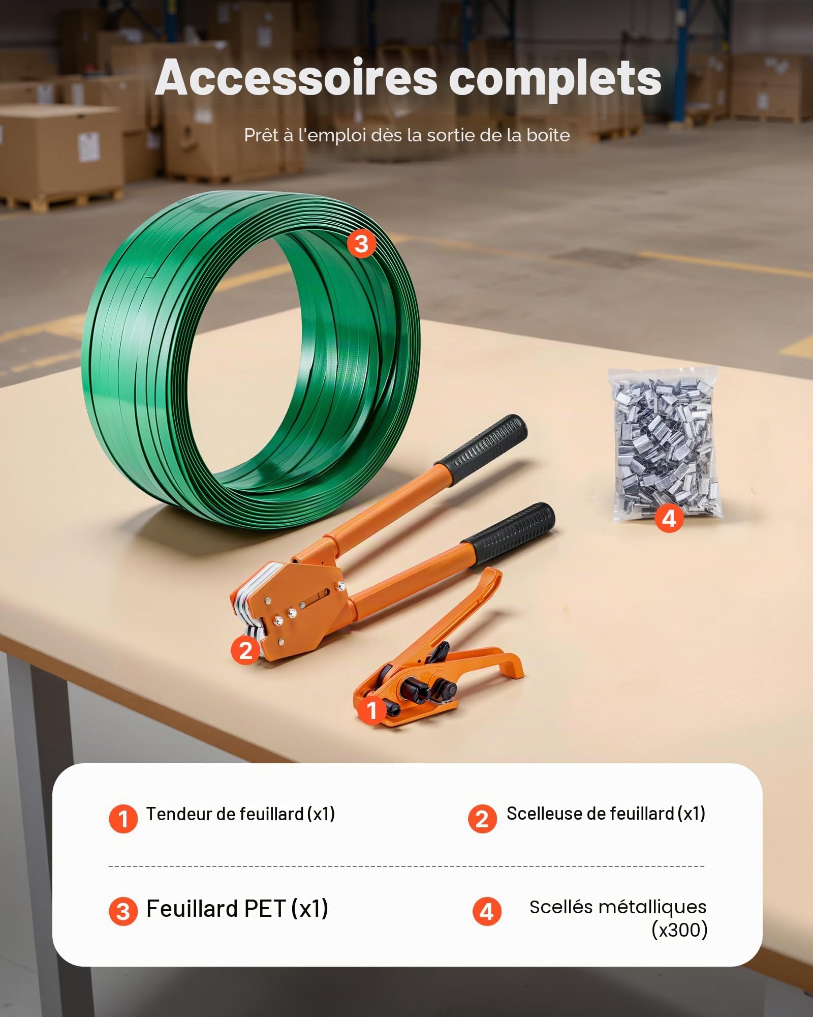 VEVOR Kit Cerclage Feuillard PET 304,8 m Kit Cerclage Palette Manuel avec Outil et Tendeur pour Emballage, Entrepôts, Déménagement, Stockage et Transport de Marchandises, avec 300 Scellés en Métal