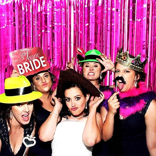 Miniatura 6 de Paquete de 4 cortinas de flecos de papel de aluminio fucsia, 3.28 pies x 6.56 pies, cortinas metálicas de oropel con flecos para fiestas, accesorios