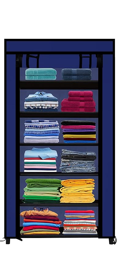 RAXON WORLD Multipurpose Foldable 6 Layers Metal Shoe Rack, Dustproof Shoe Organizer, Almirah for Clothes, Shoes at Home & Office (Dark Blue)