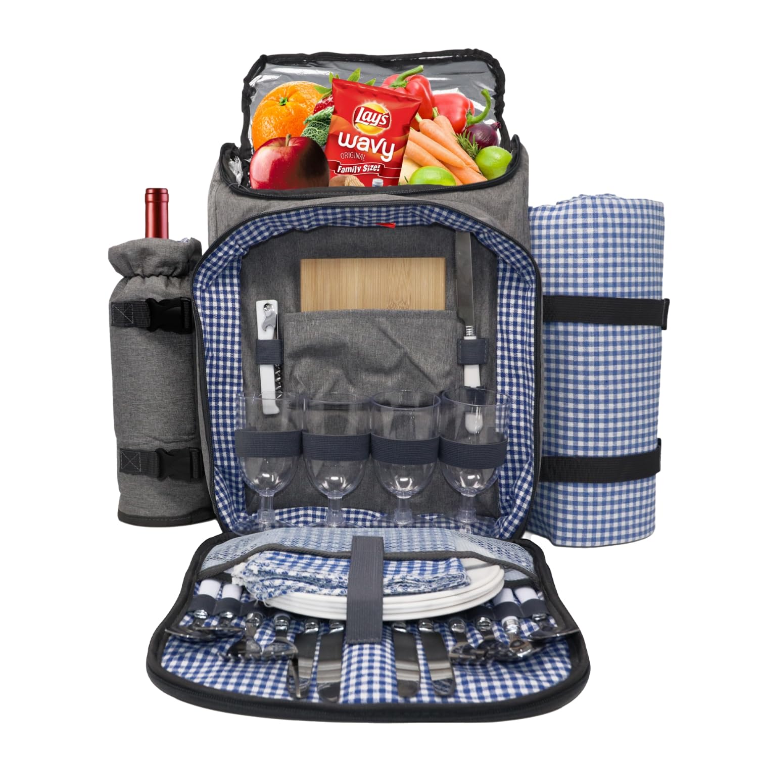 Nature Gear Large Picnic Backpack, Insulated Bag with Detachable Wine Cooler & Picnic Blanket, Includes Dinnerware Set for 4 & Picnic Accessories,