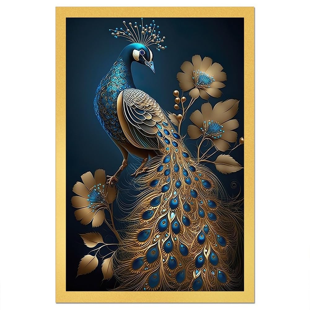 DEKORSTATION Modern Art Golden Peacock Oriental Luxury Style Canvas Framed Wall Painting for Living Room |Bedroom | Office | Drawing room |Hotel Wall Decoration (24 Inch x 12 Inch)